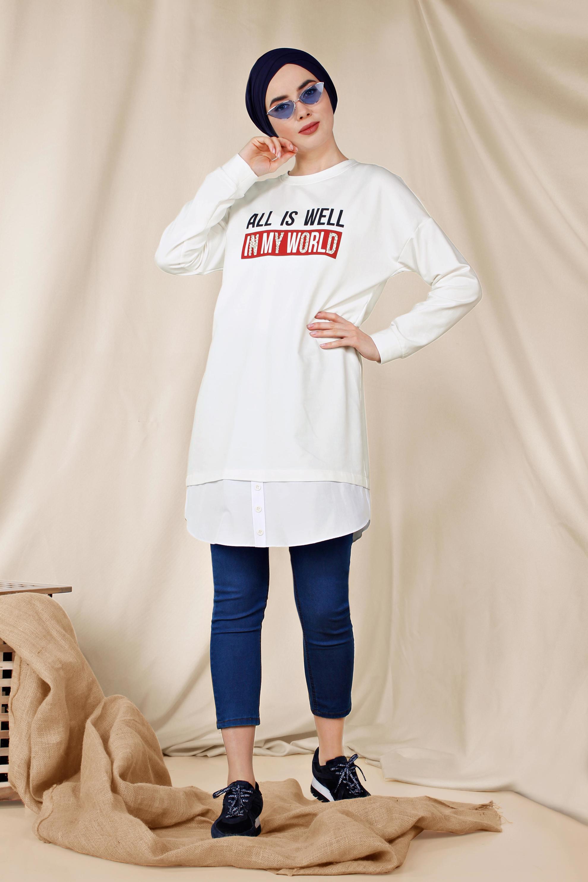 Tesettür giyim BEYAZ YAZI BASKILI PAMUKLU SPOR TUNİK 4894