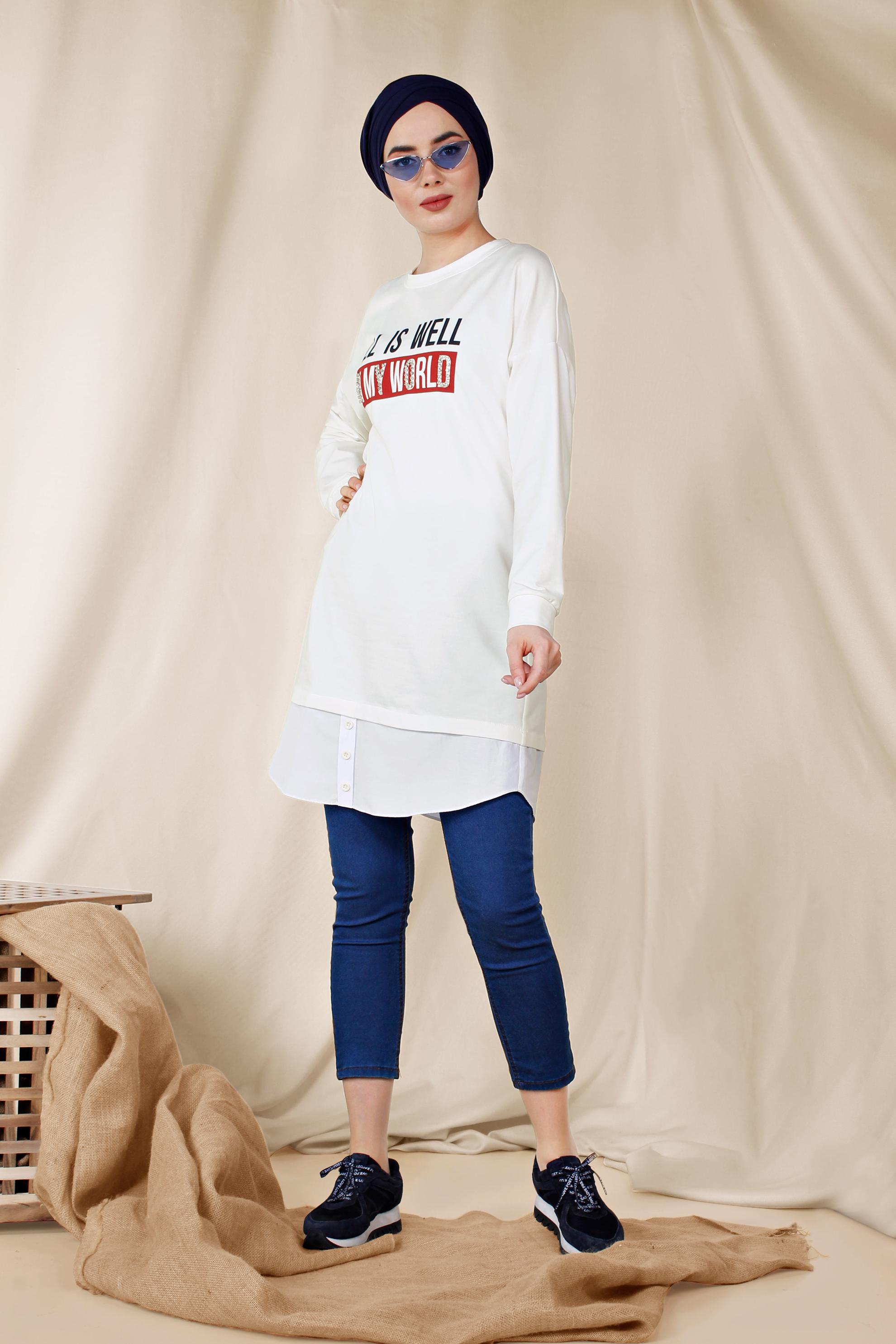 Tesettür giyim BEYAZ YAZI BASKILI PAMUKLU SPOR TUNİK 4894