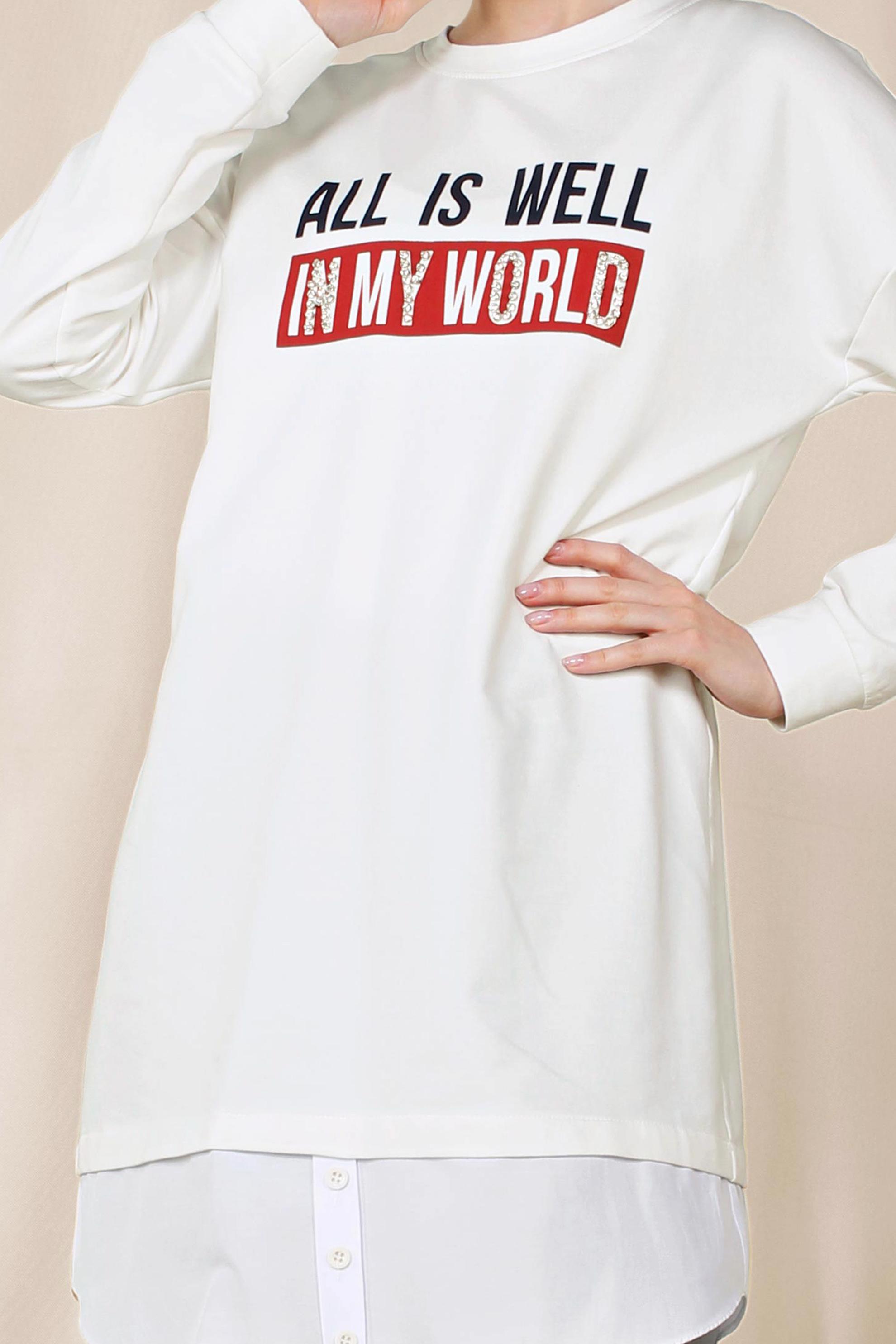 Tesettür giyim BEYAZ YAZI BASKILI PAMUKLU SPOR TUNİK 4894