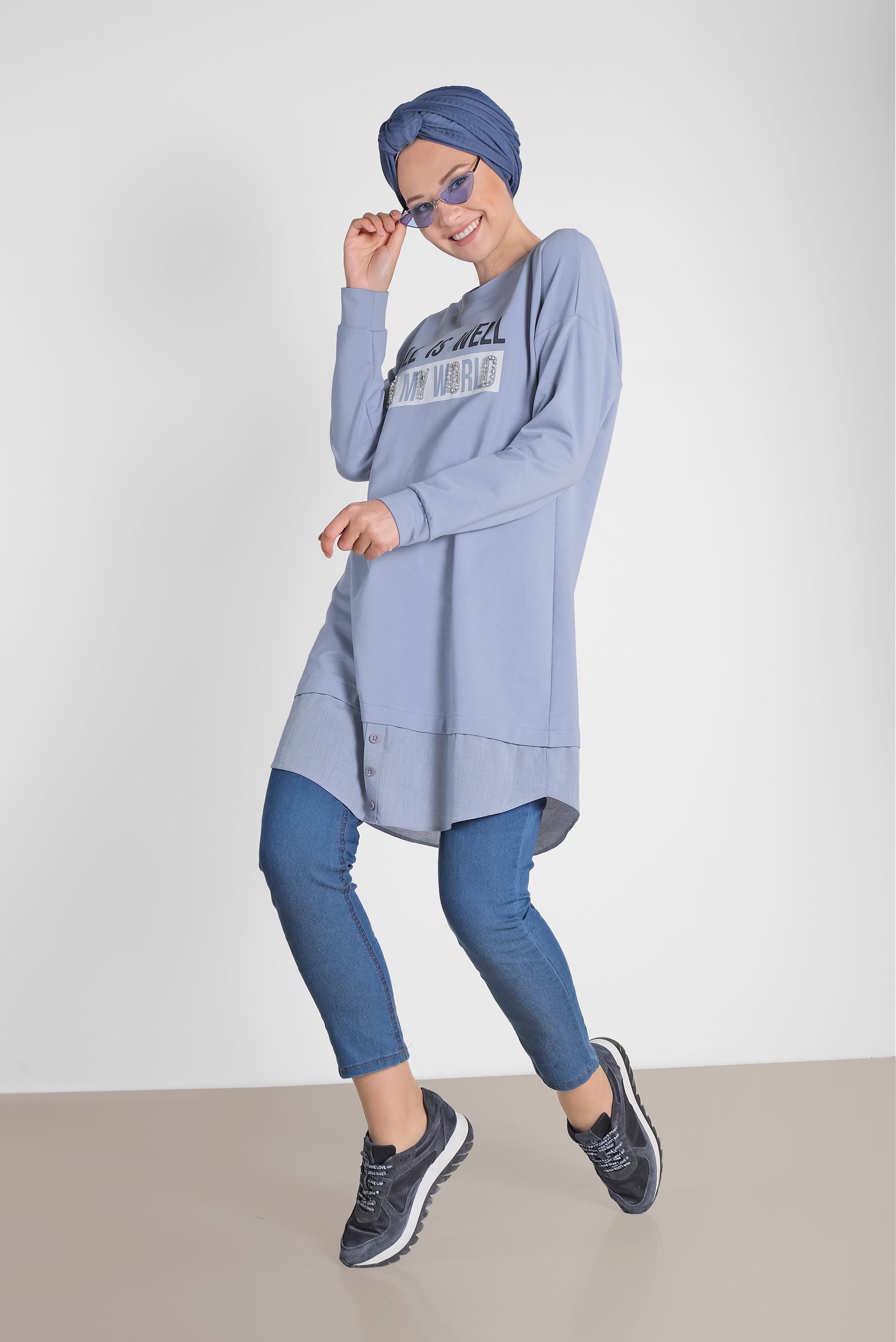 Tesettür giyim MAVİ YAZI BASKILI PAMUKLU SPOR TUNİK 4894