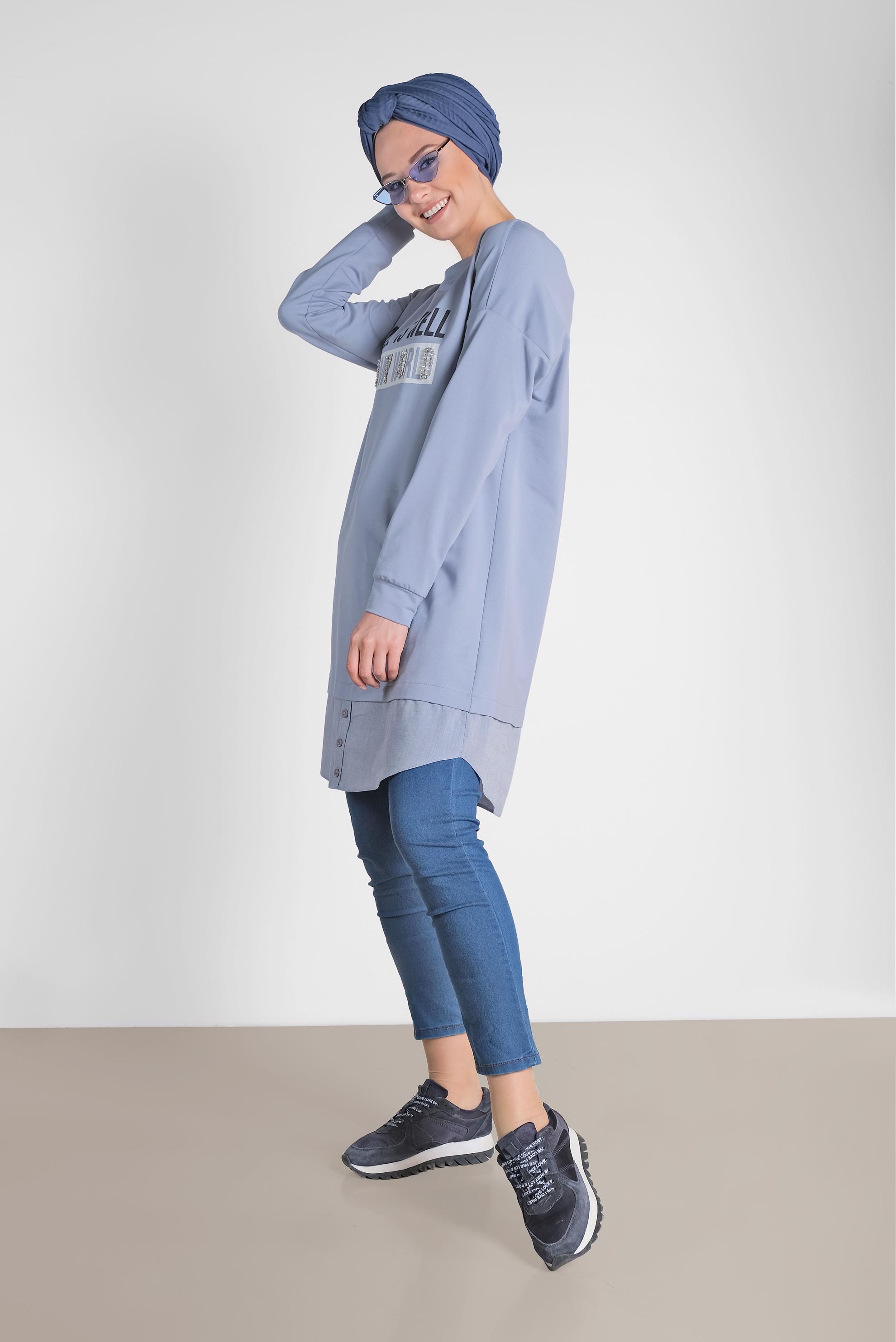 Tesettür giyim MAVİ YAZI BASKILI PAMUKLU SPOR TUNİK 4894