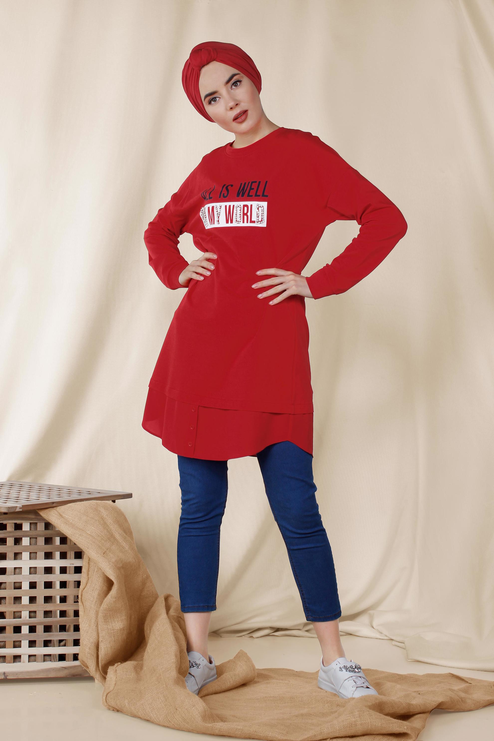 Tesettür giyim KIRMIZI YAZI BASKILI PAMUKLU SPOR TUNİK 4894