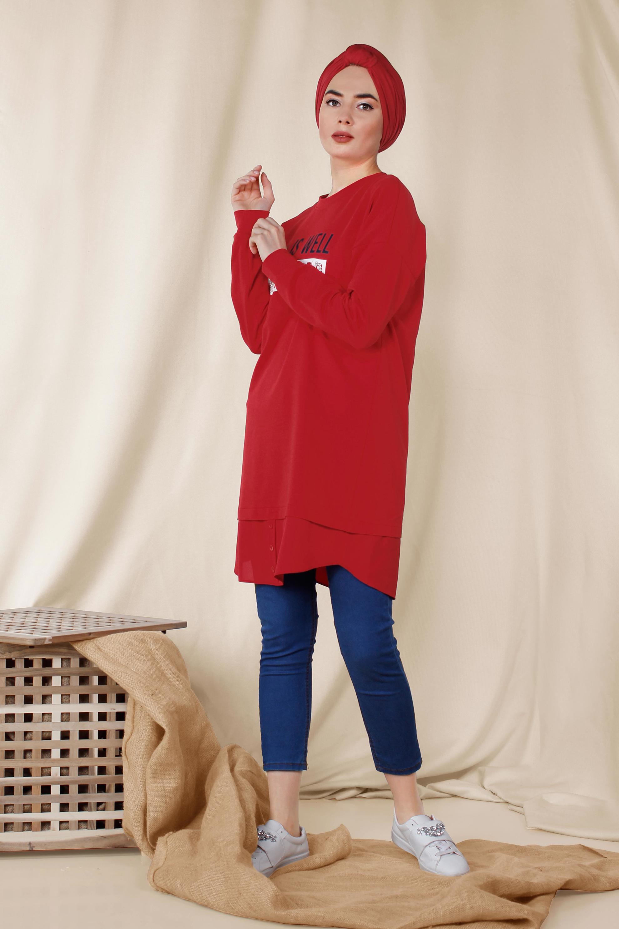 Tesettür giyim KIRMIZI YAZI BASKILI PAMUKLU SPOR TUNİK 4894