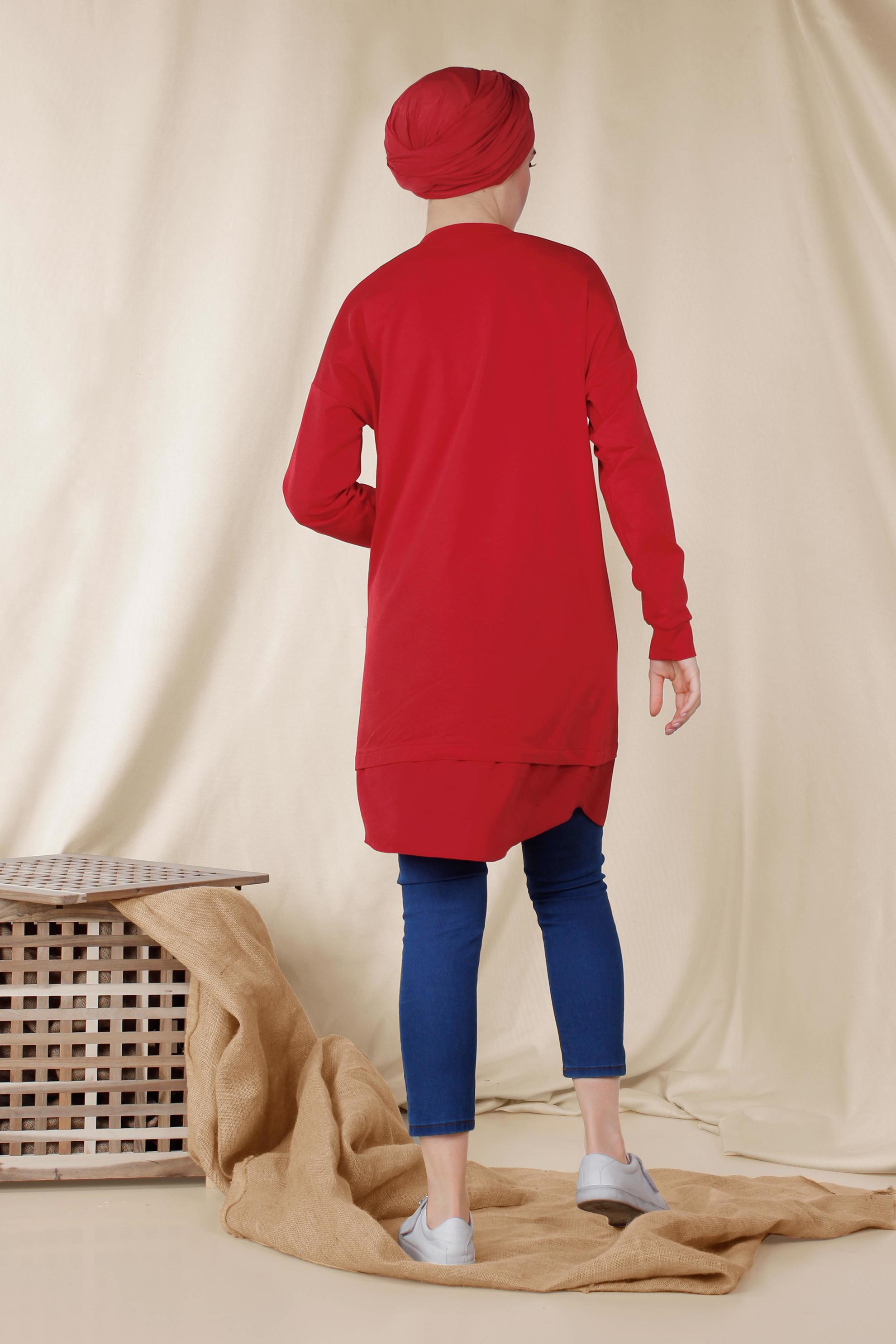 Tesettür giyim KIRMIZI YAZI BASKILI PAMUKLU SPOR TUNİK 4894