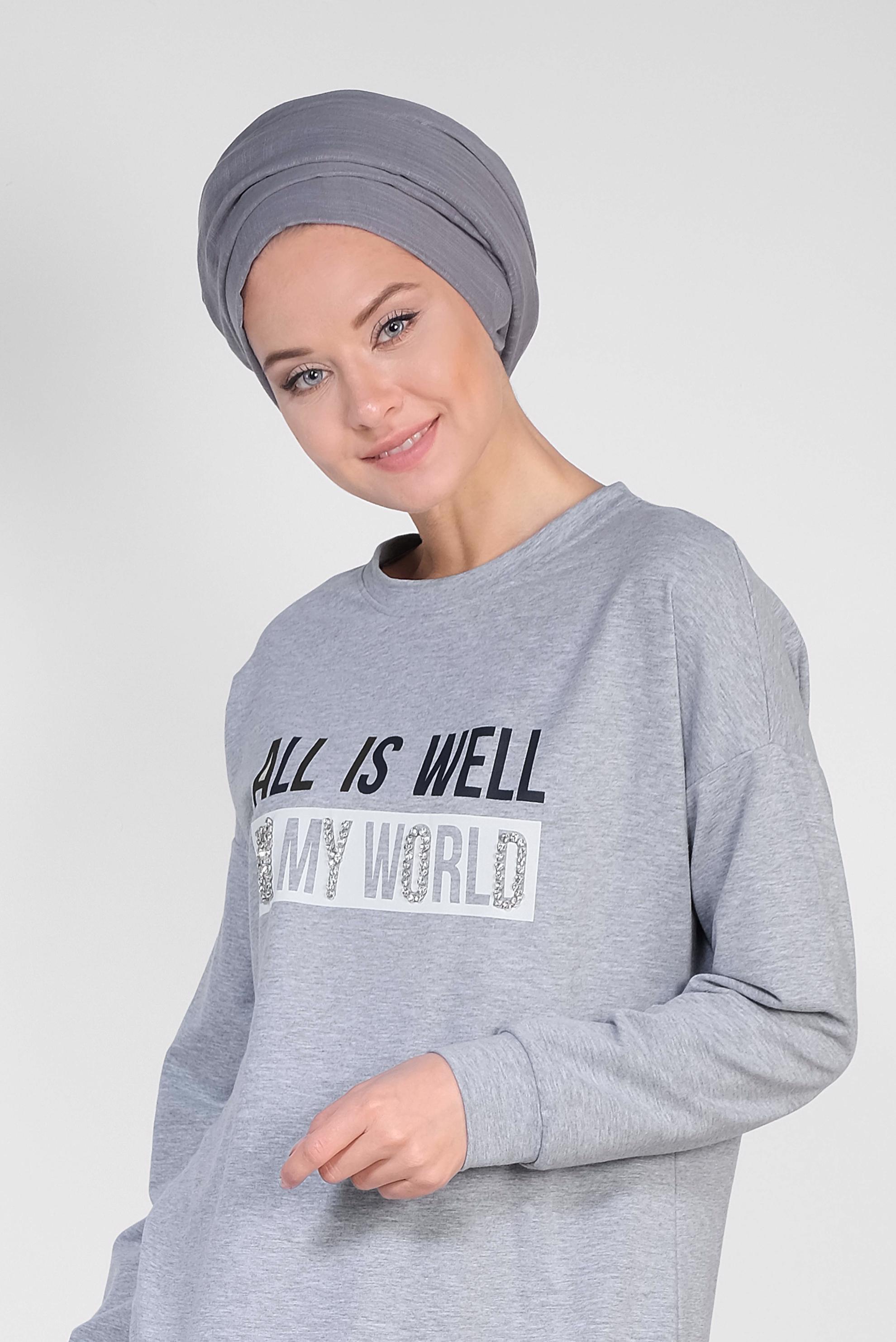 Tesettür giyim GRİ YAZI BASKILI PAMUKLU SPOR TUNİK 4894
