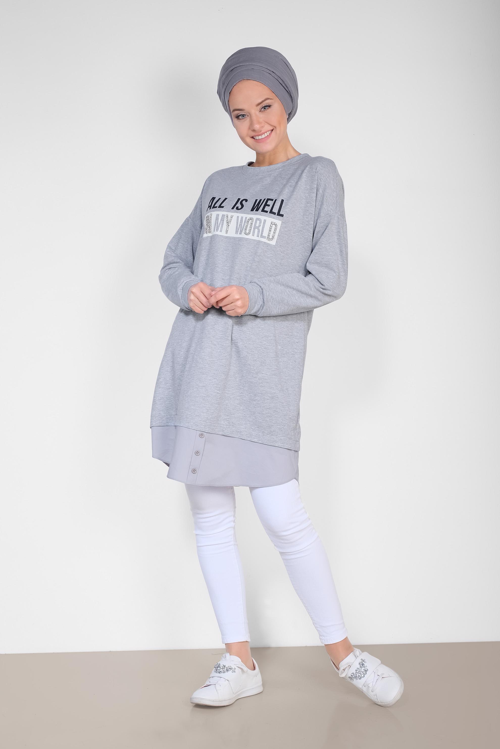 Tesettür giyim GRİ YAZI BASKILI PAMUKLU SPOR TUNİK 4894