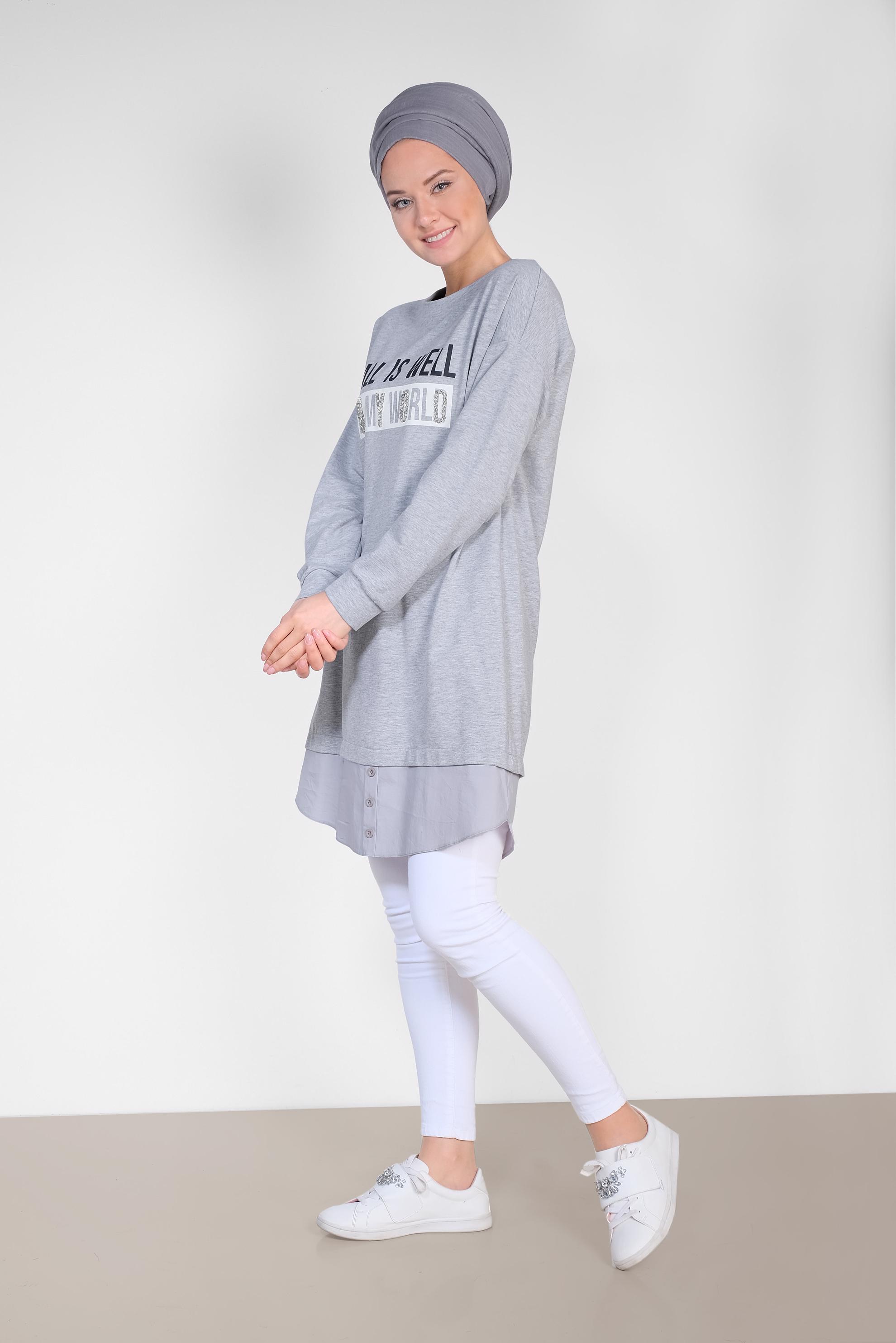 Tesettür giyim GRİ YAZI BASKILI PAMUKLU SPOR TUNİK 4894