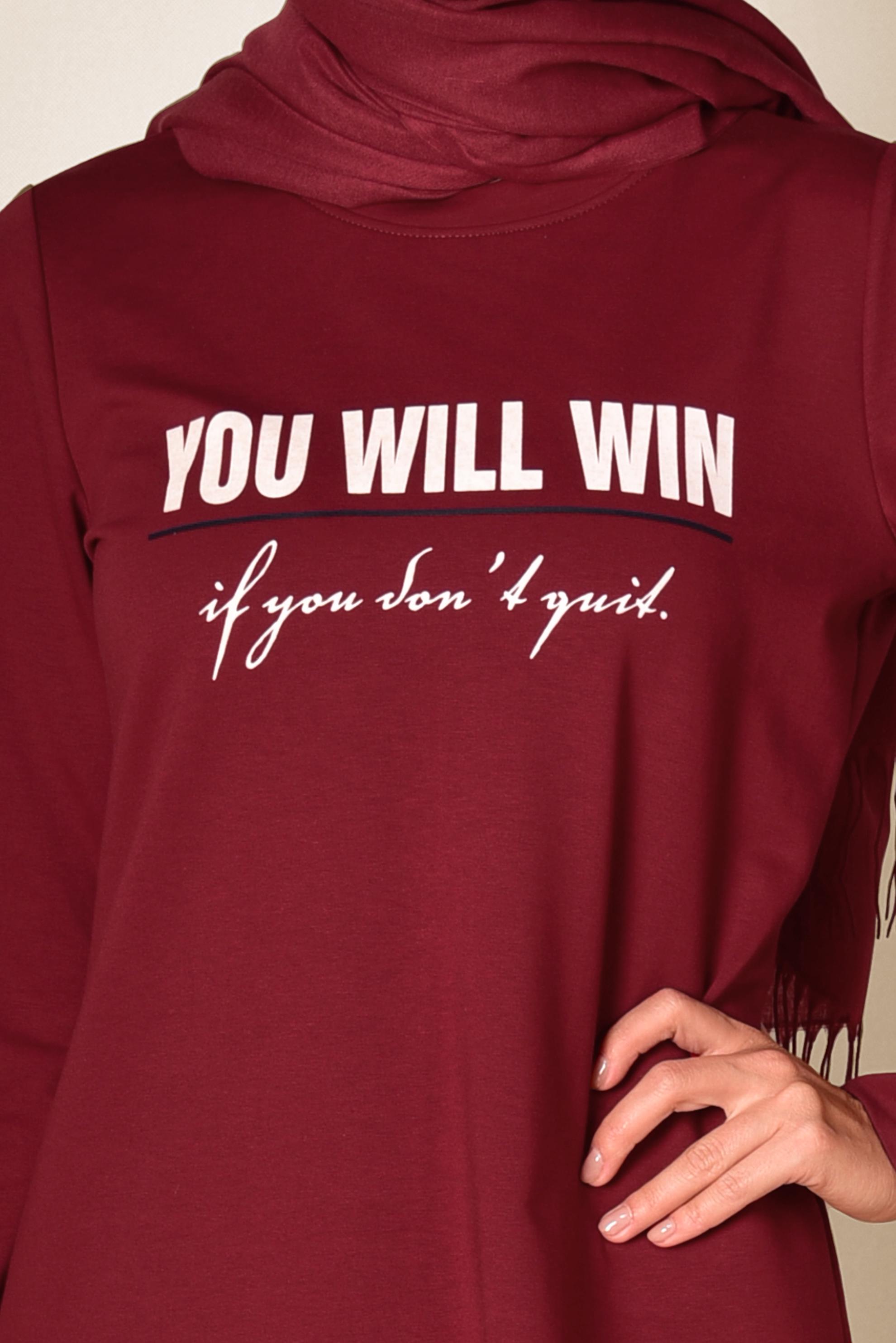 Tesettür giyim BORDO ETEK UCU EKOSE DESENLİ YAZI BASKILI EŞOFMAN TUNİK 4895