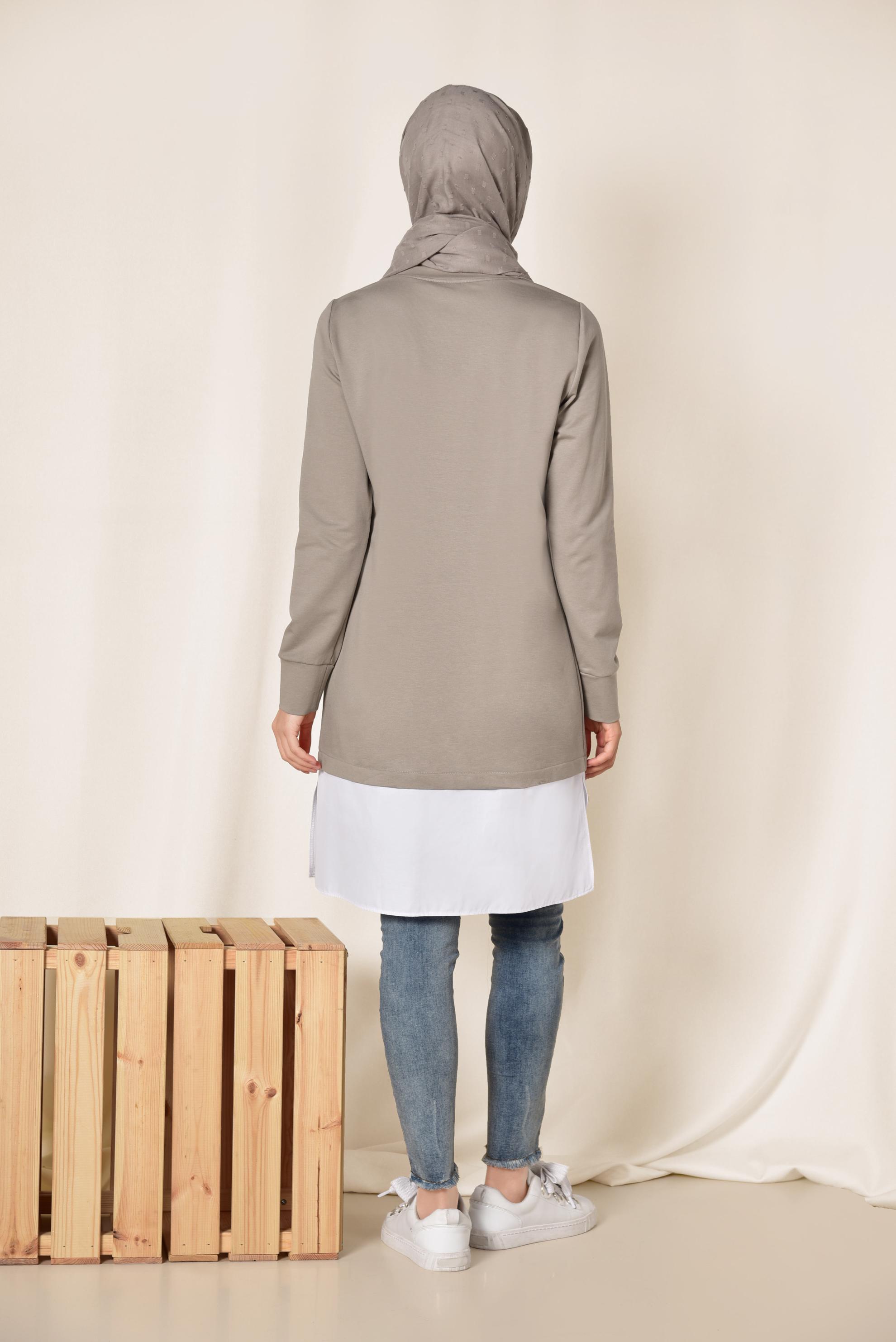 Tesettür giyim KAHVE TAŞ İŞLEMELİ YAZILI ASİMETRİK EŞOFMAN TUNİK 4897