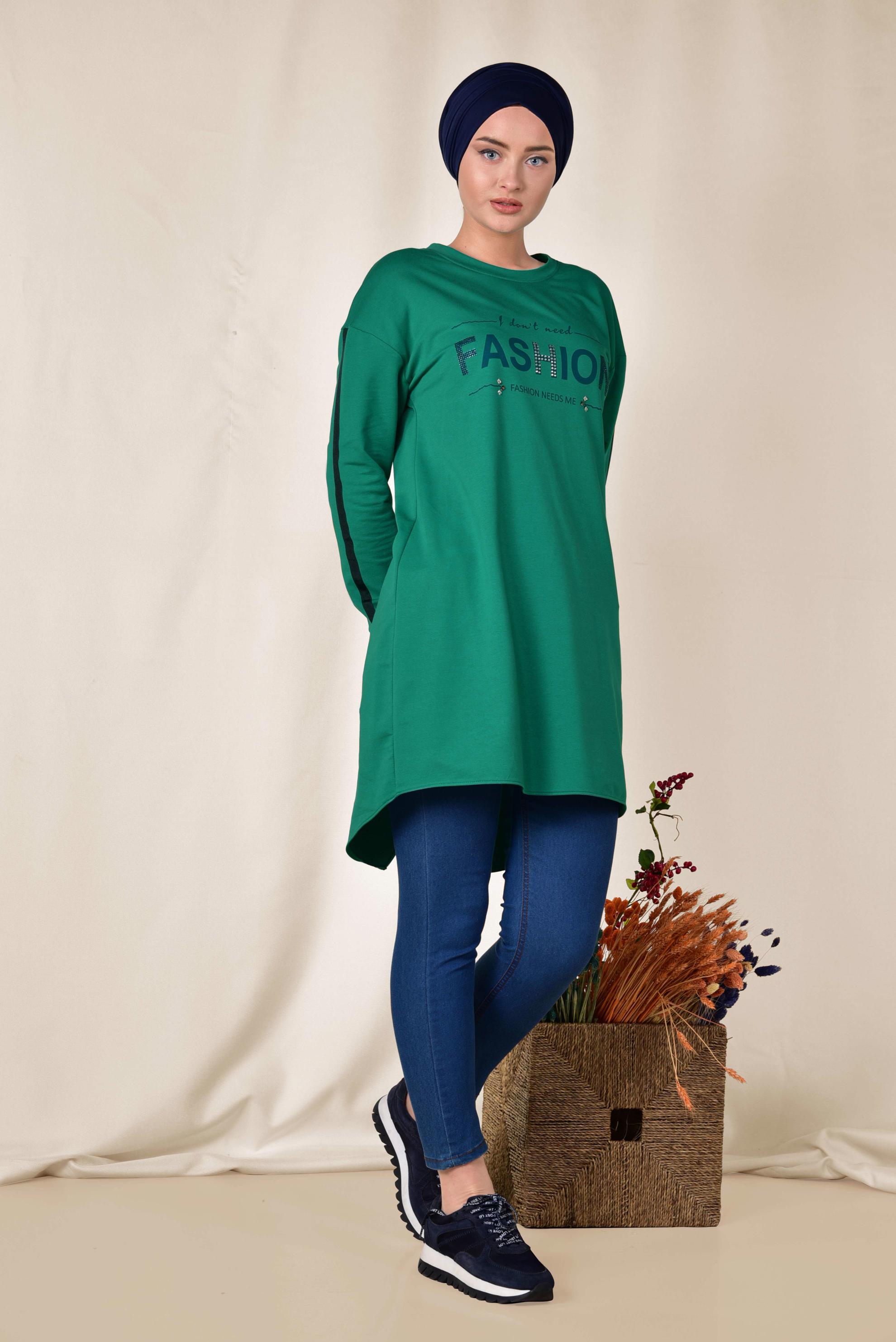 Tesettür giyim YEŞİL ŞERİT VE YAZI DETAYLI EŞOFMAN TUNİK 4898