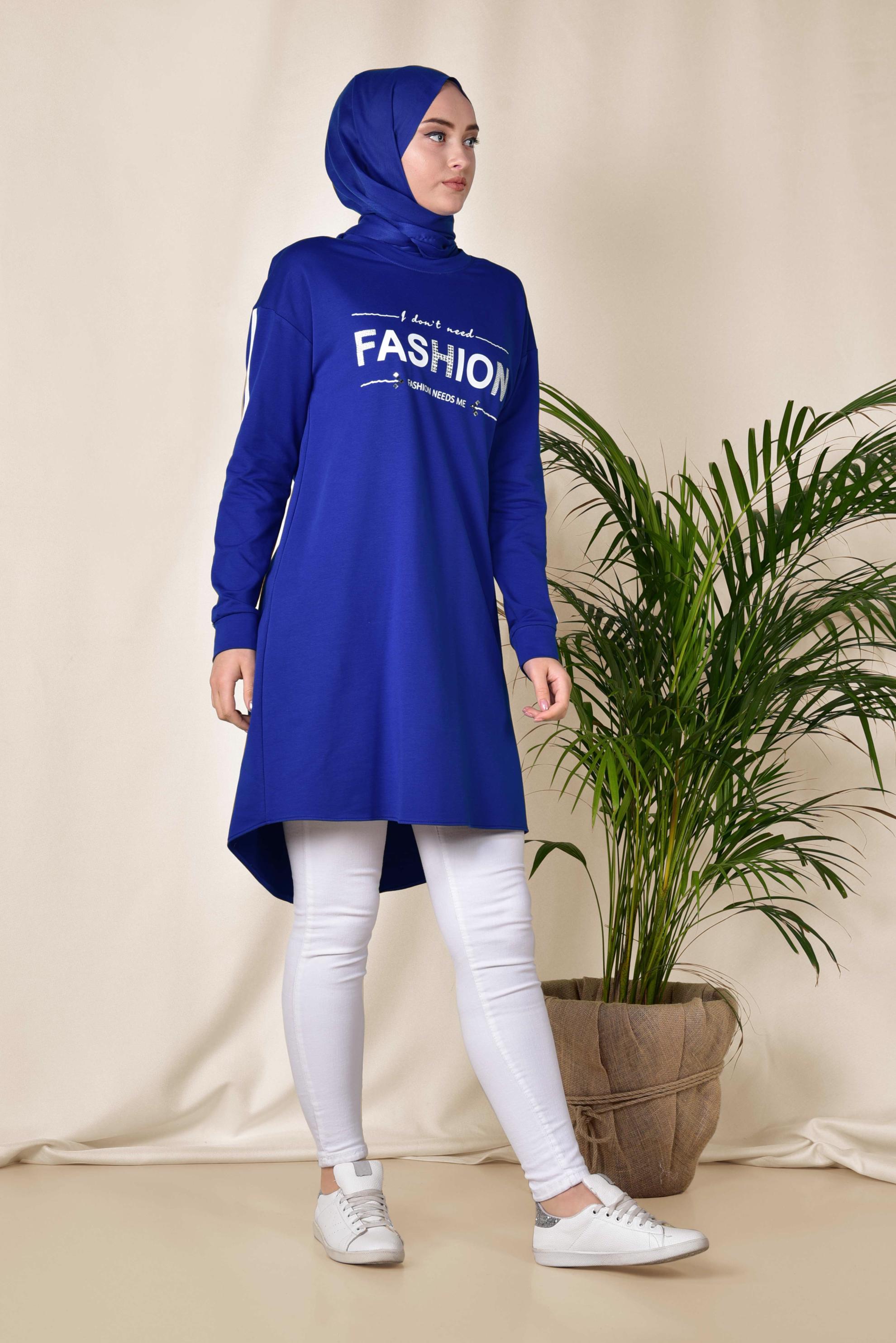 Tesettür giyim LACİVERT ŞERİT VE YAZI DETAYLI EŞOFMAN TUNİK 4898