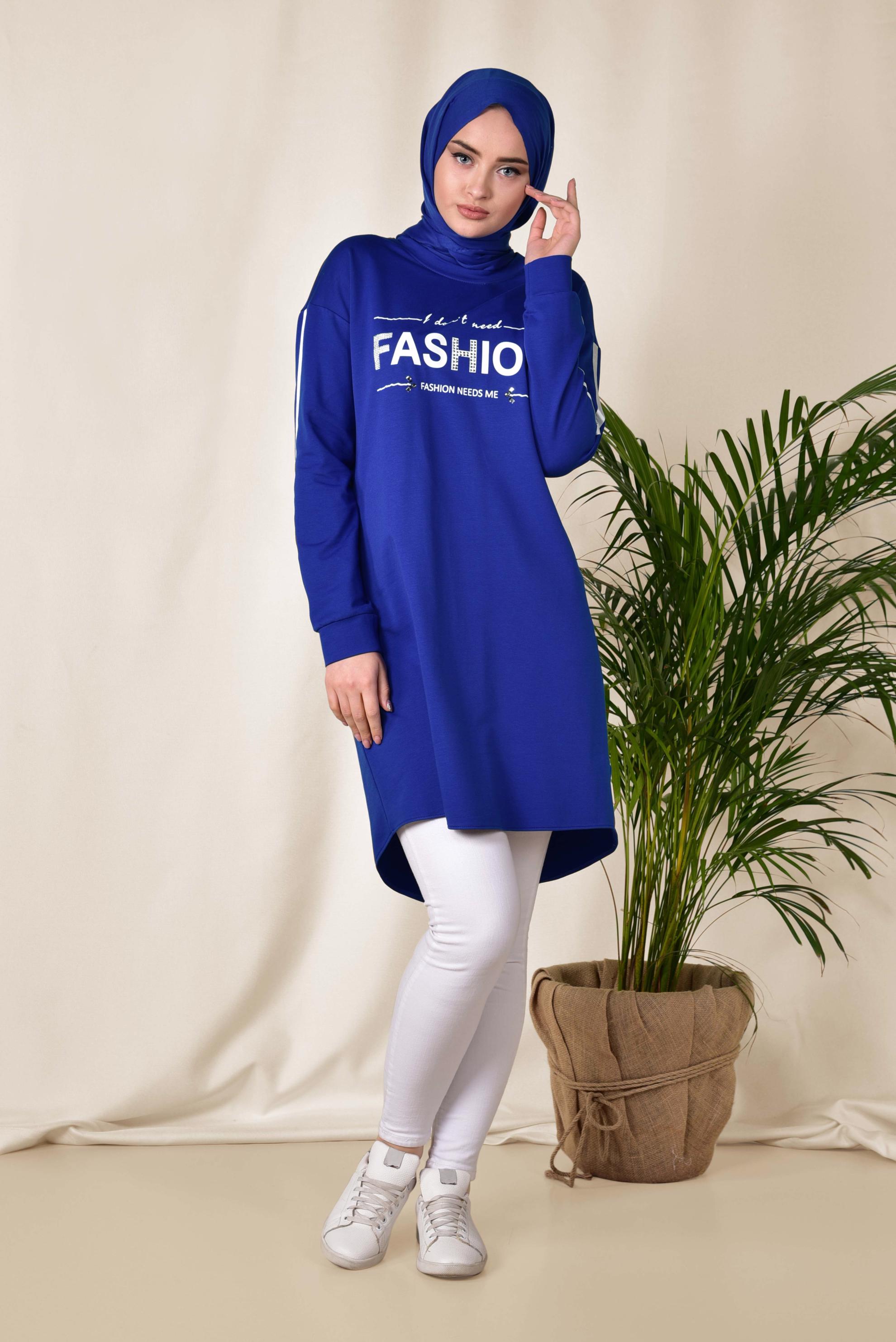 Tesettür giyim LACİVERT ŞERİT VE YAZI DETAYLI EŞOFMAN TUNİK 4898