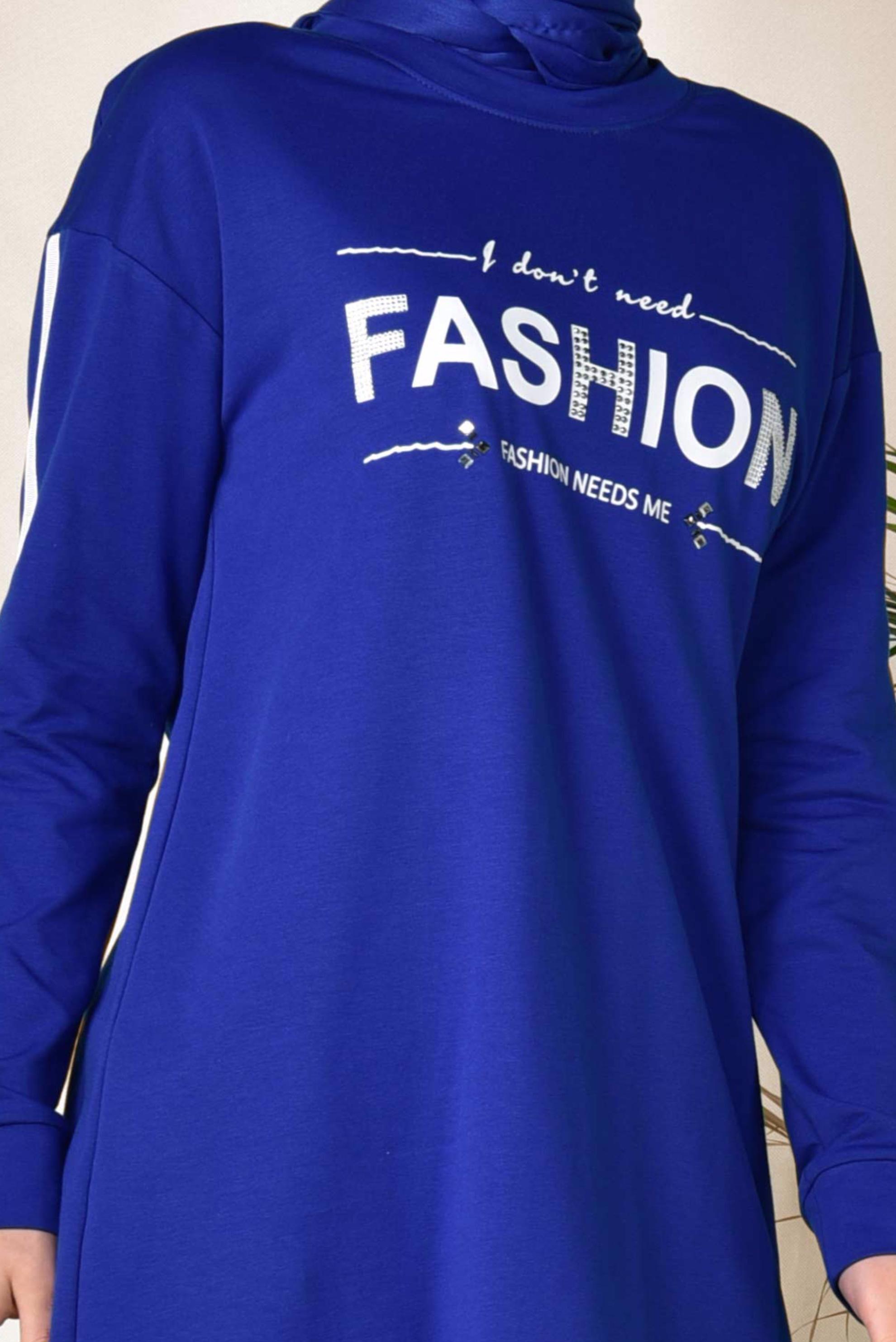 Tesettür giyim LACİVERT ŞERİT VE YAZI DETAYLI EŞOFMAN TUNİK 4898