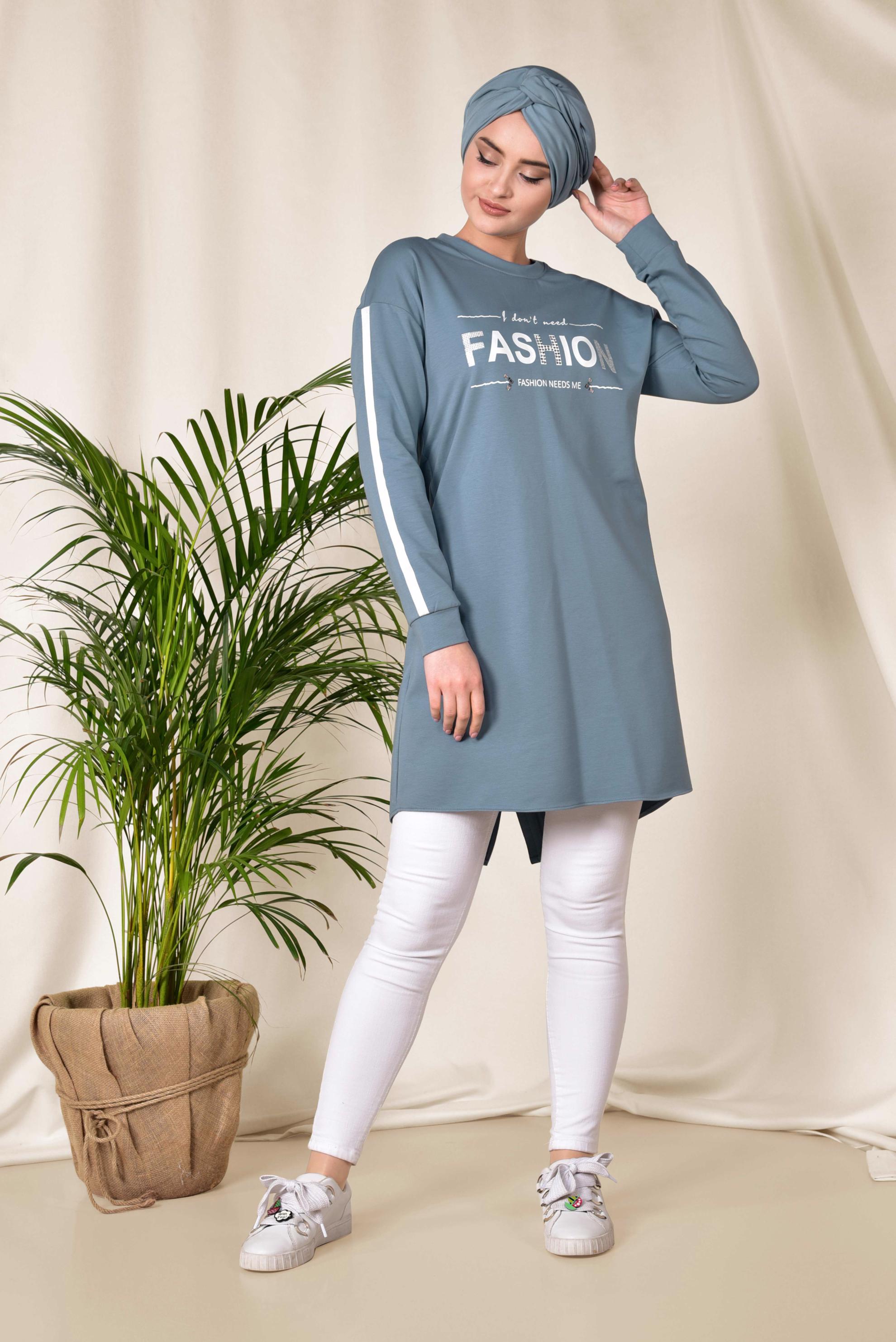 Tesettür giyim MAVİ ŞERİT VE YAZI DETAYLI EŞOFMAN TUNİK 4898