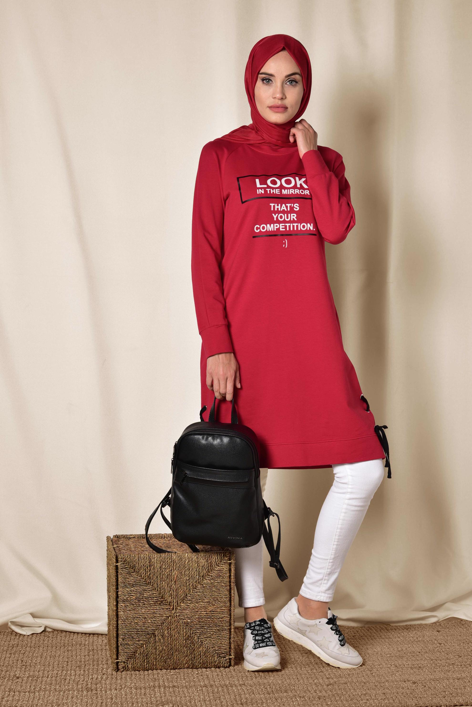 Tesettür giyim KIRMIZI YAZI BASKILI EŞOFMAN TUNİK 4900