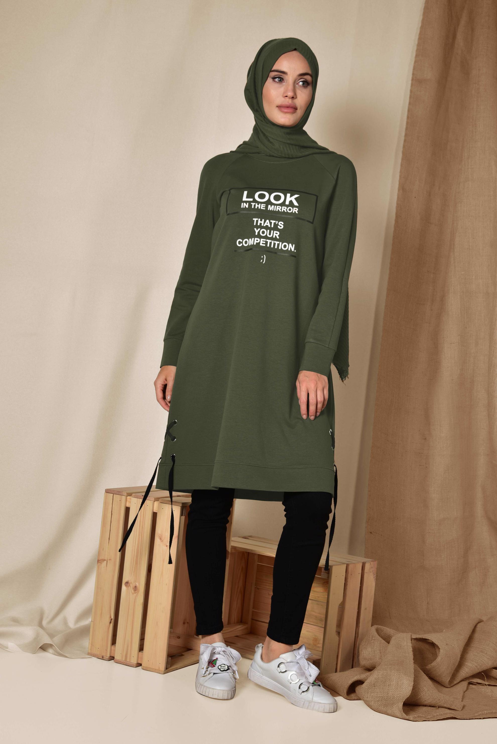 Tesettür giyim HAKİ YAZI BASKILI EŞOFMAN TUNİK 4900