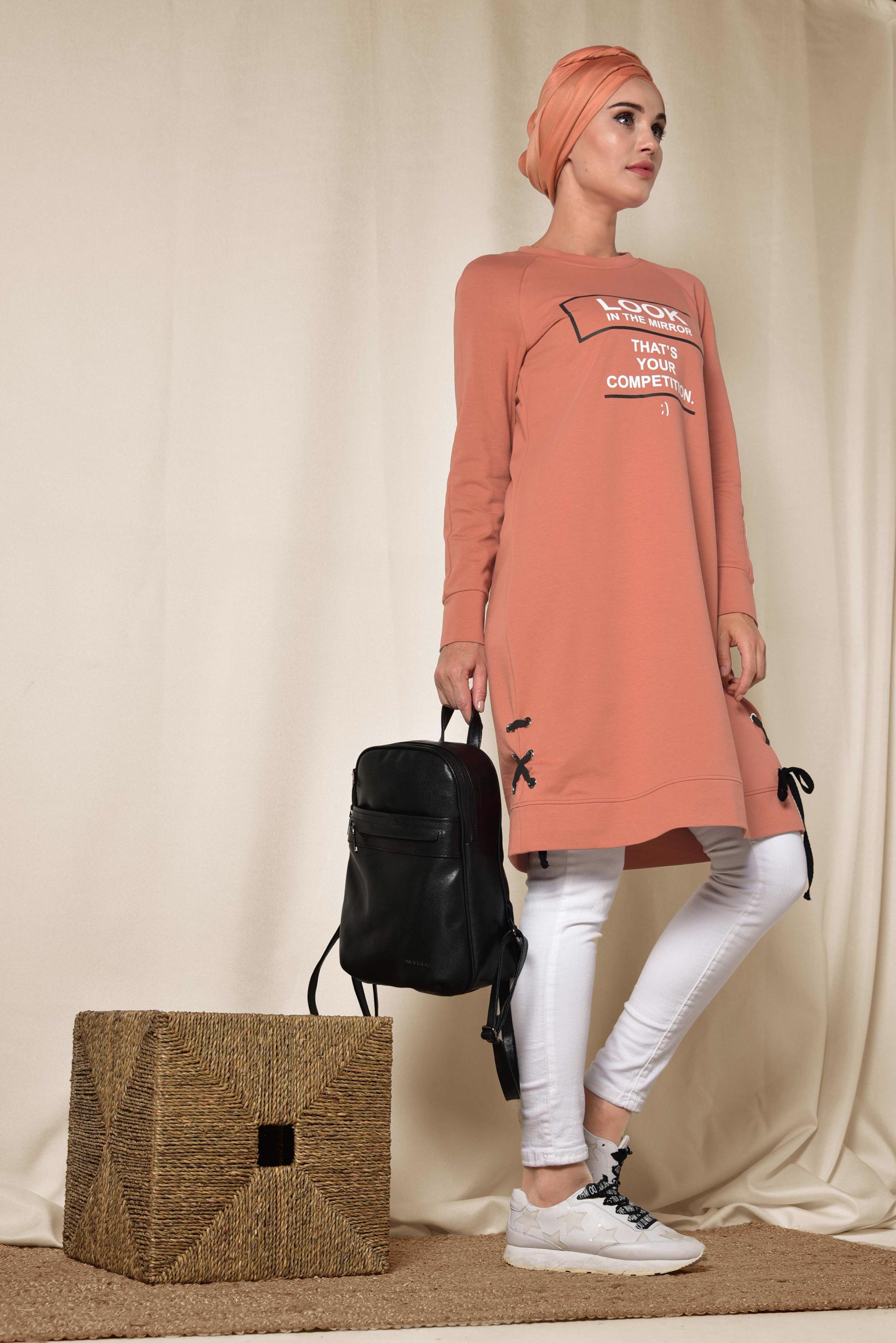 Tesettür giyim TURUNCU YAZI BASKILI EŞOFMAN TUNİK 4900