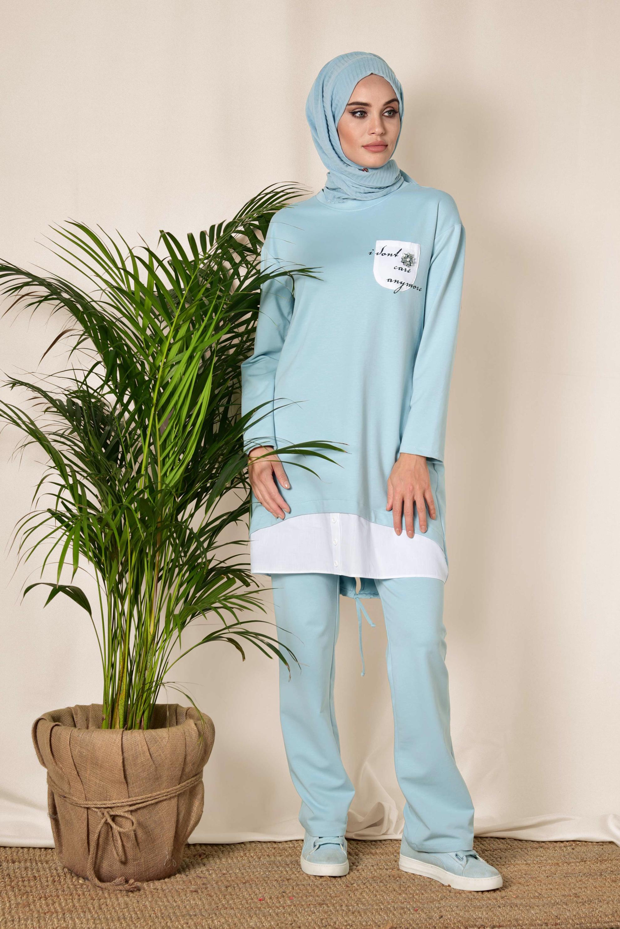 Tesettür giyim MAVİ ETEK UCU BÜZGÜLÜ EŞOFMAN TAKIMI 4903 