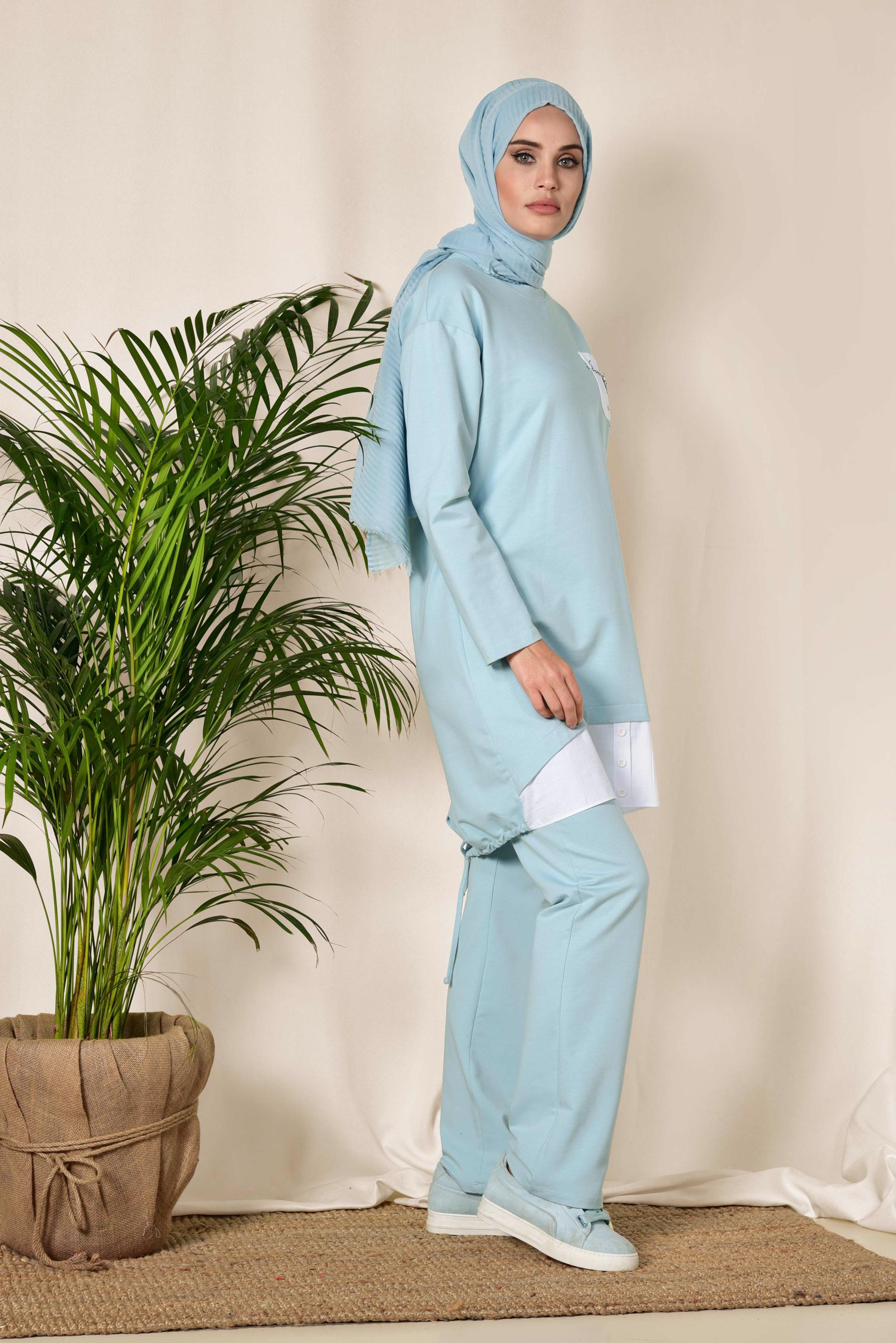 Tesettür giyim MAVİ ETEK UCU BÜZGÜLÜ EŞOFMAN TAKIMI 4903 