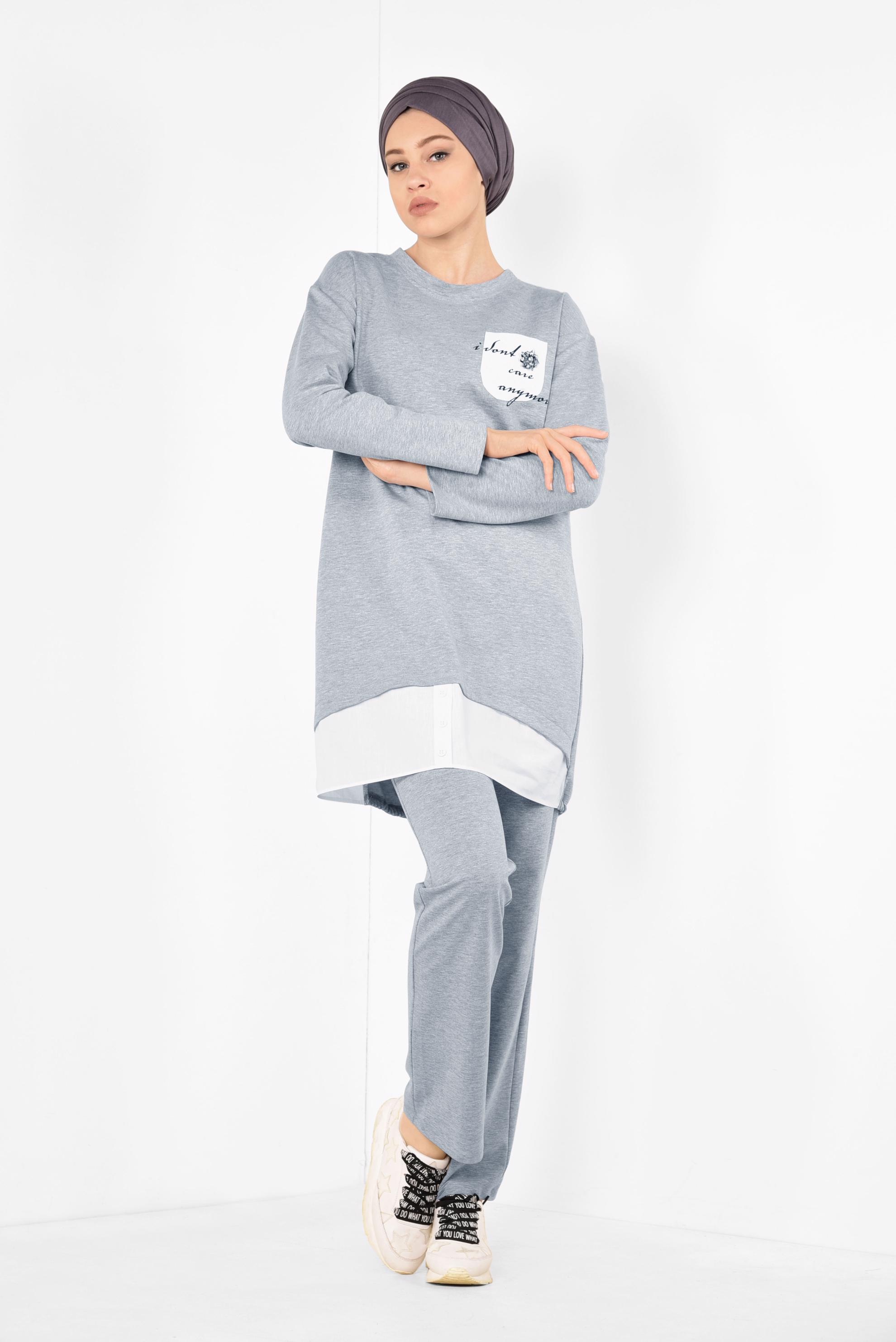 Tesettür giyim GRİ ETEK UCU BÜZGÜLÜ EŞOFMAN TAKIMI 4903 