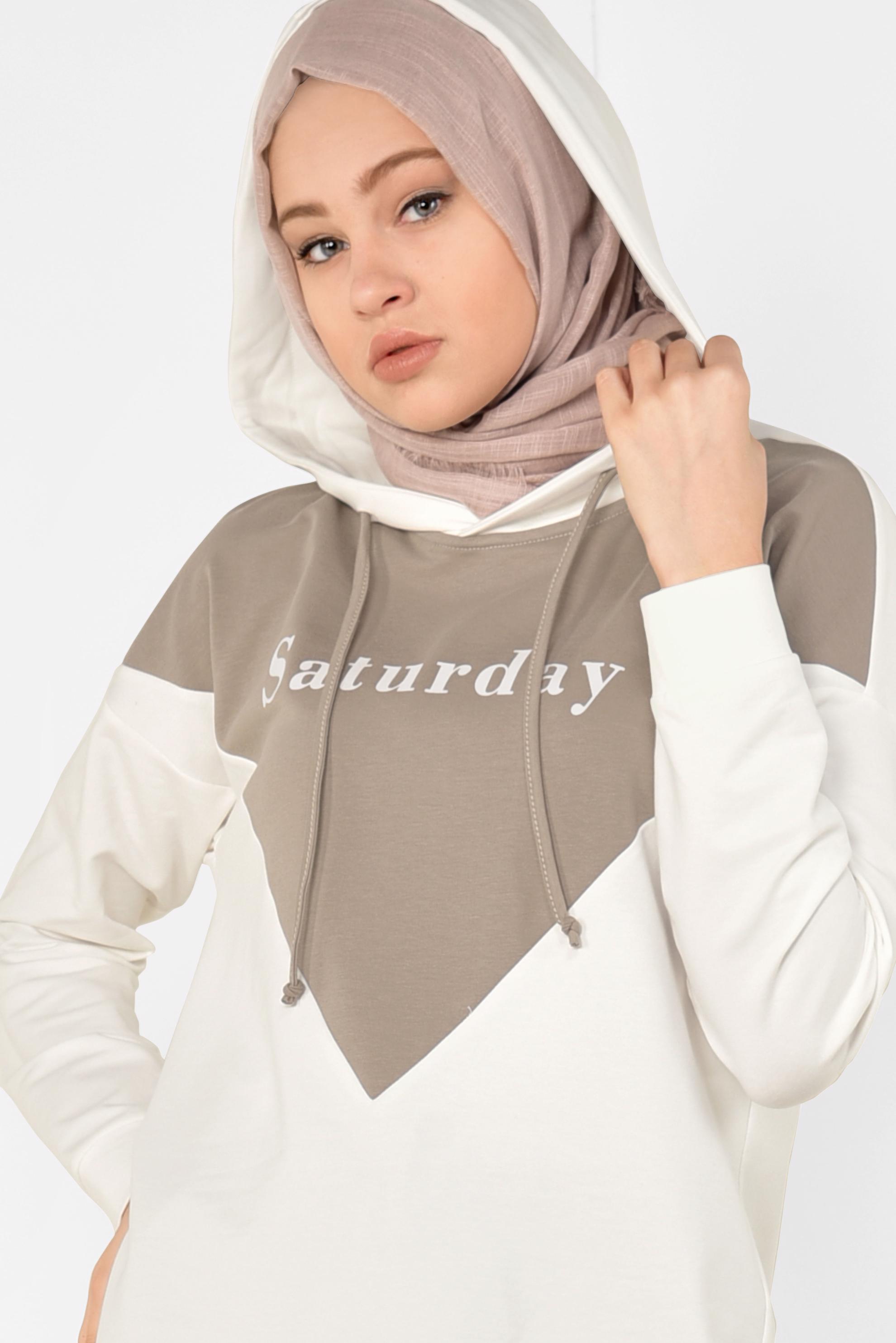 Tesettür giyim KAHVE YAZI BASKILI PANTOLONLU EŞOFMAN TAKIM 4904 