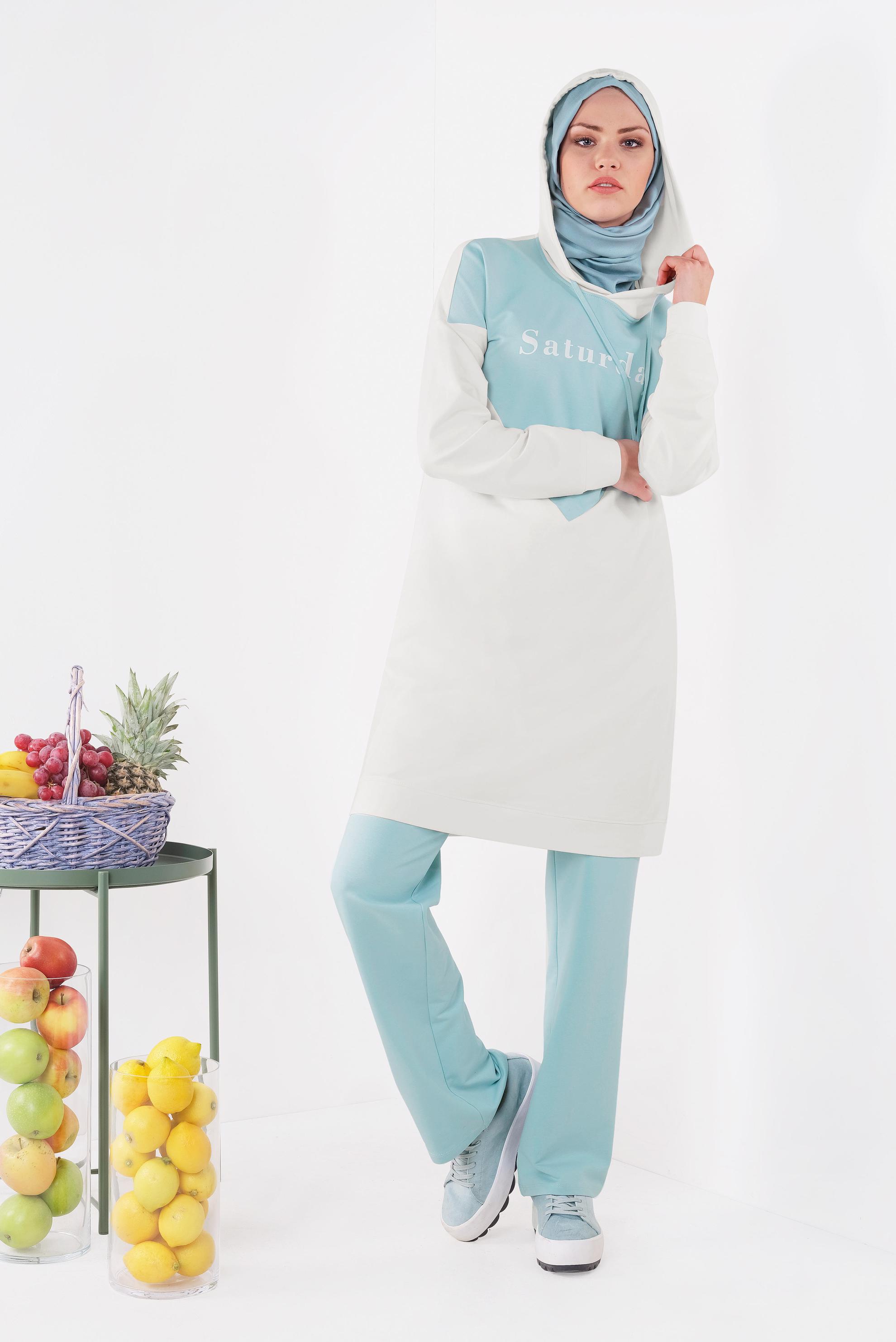 Tesettür giyim MAVİ YAZI BASKILI PANTOLONLU EŞOFMAN TAKIM 4904	