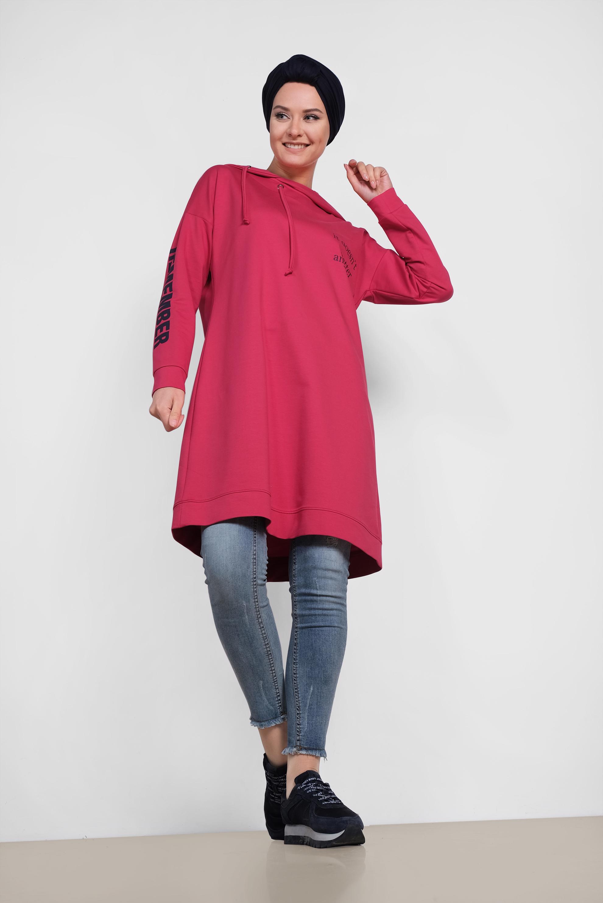 Tesettür giyim FUŞYA KAPÜŞONLU EŞOFMAN TUNİK 4953