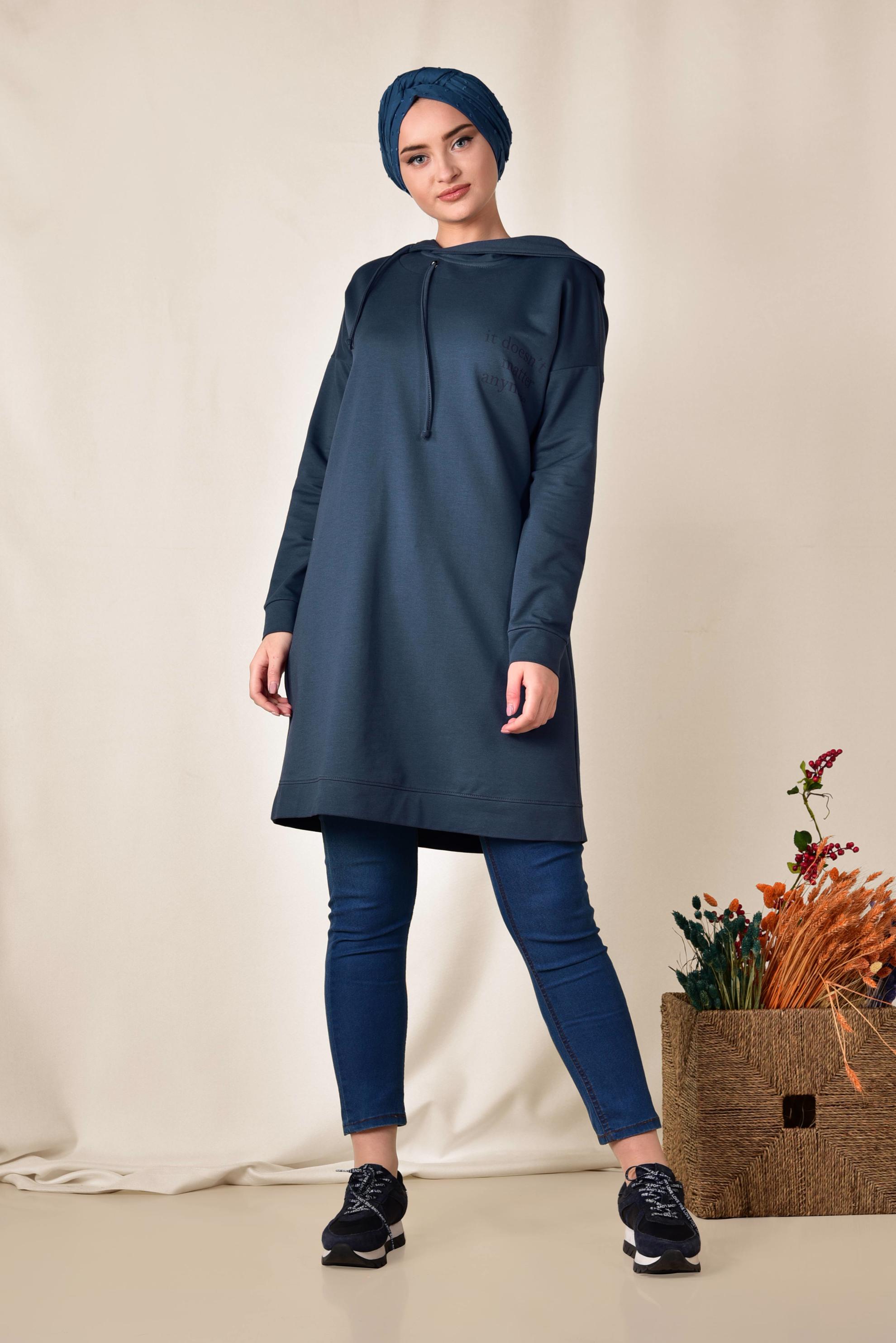 Tesettür giyim LACİVERT KAPÜŞONLU EŞOFMAN TUNİK 4953