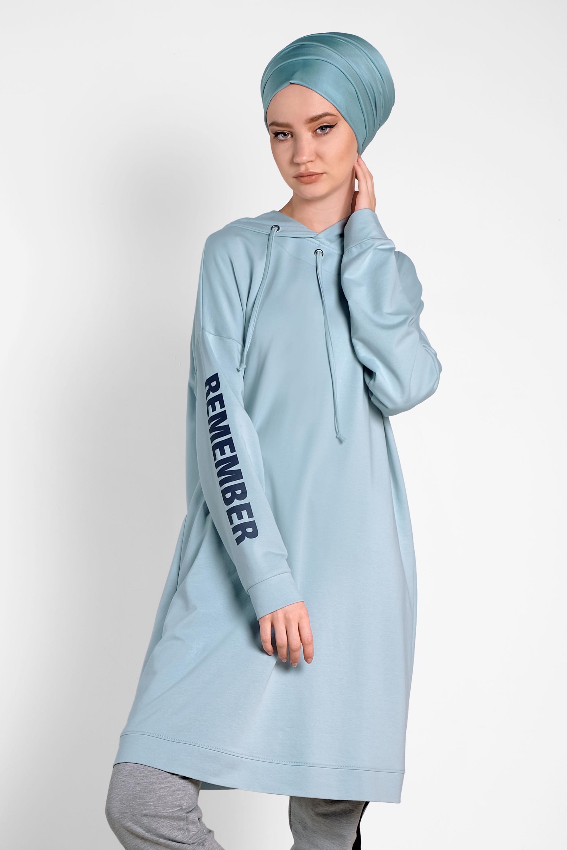 Tesettür giyim MAVİ KAPÜŞONLU EŞOFMAN TUNİK 4953