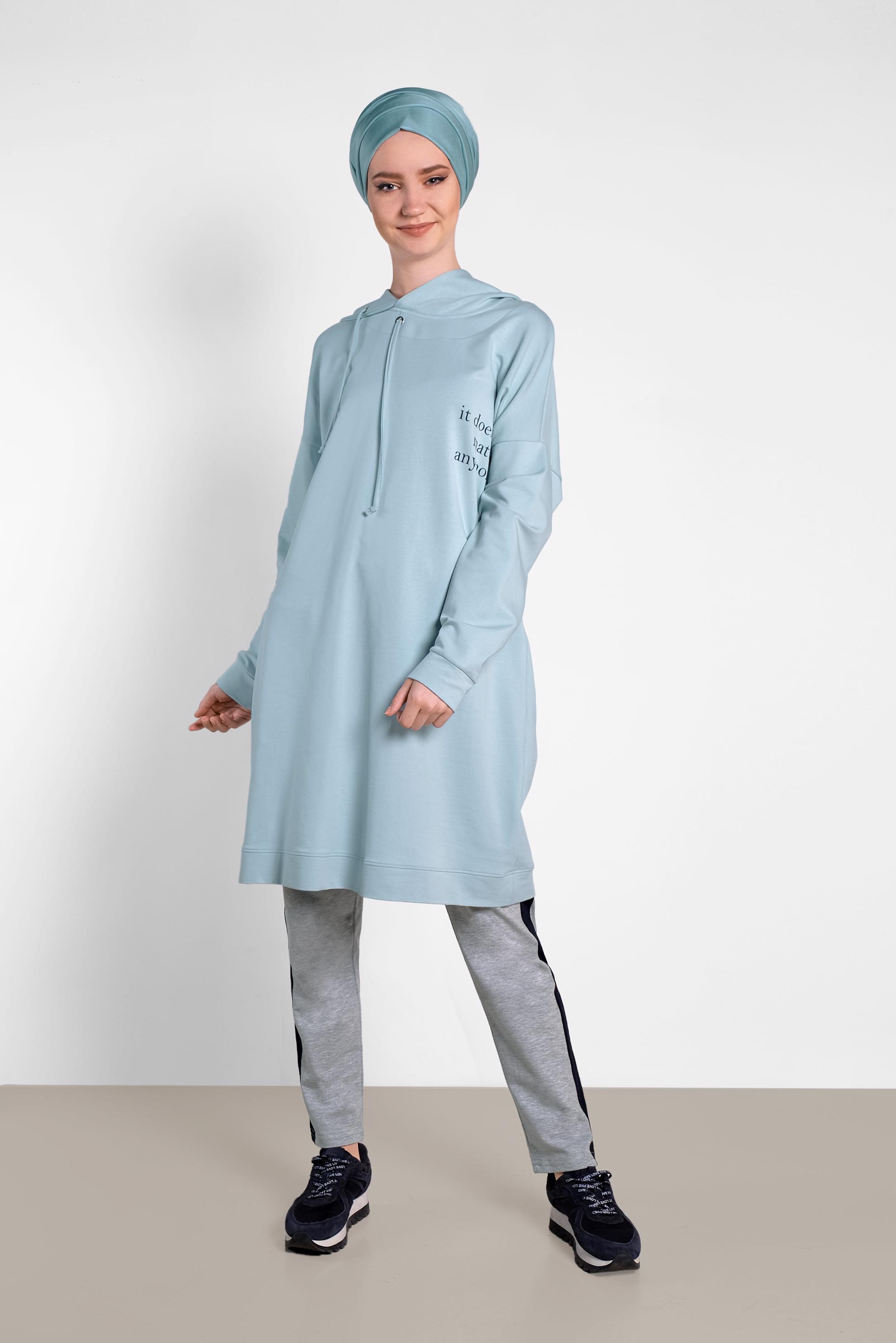 Tesettür giyim MAVİ KAPÜŞONLU EŞOFMAN TUNİK 4953