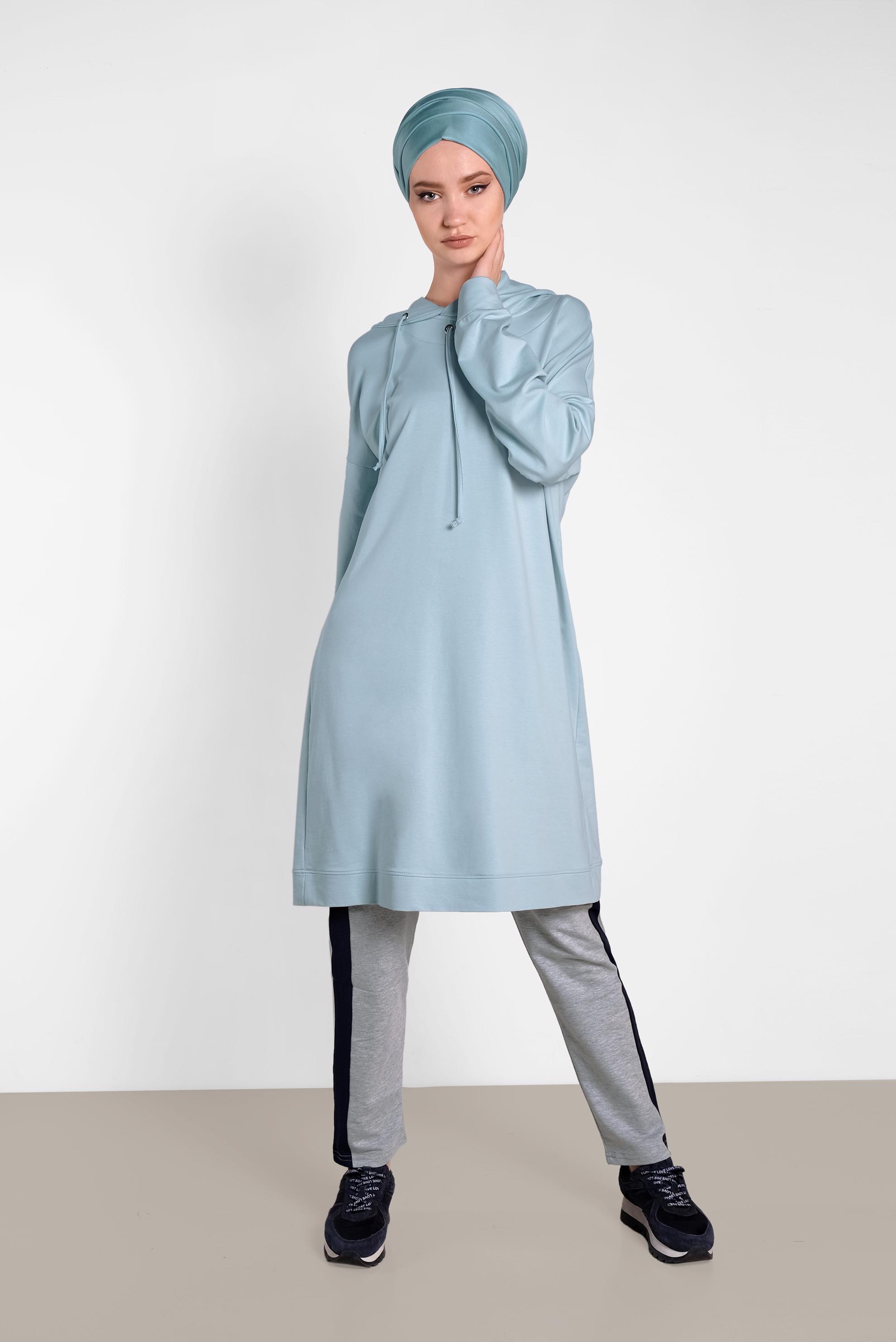 Tesettür giyim MAVİ KAPÜŞONLU EŞOFMAN TUNİK 4953