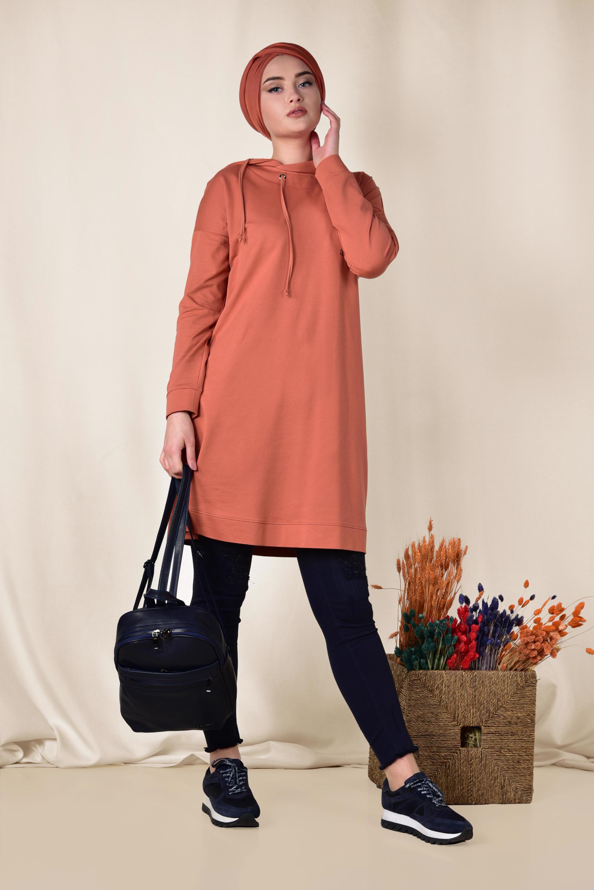 Tesettür giyim TURUNCU KAPÜŞONLU EŞOFMAN TUNİK 4953