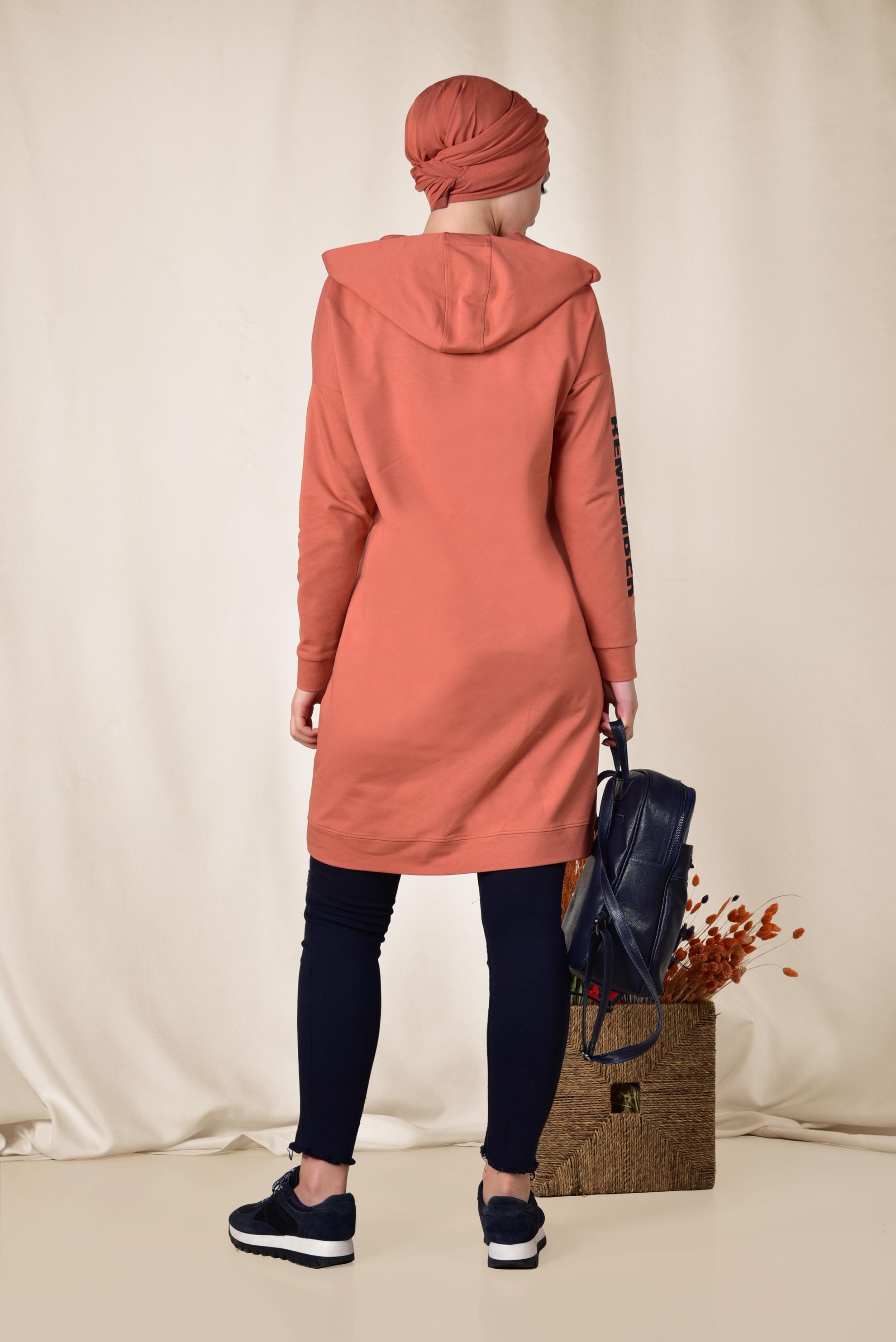 Tesettür giyim TURUNCU KAPÜŞONLU EŞOFMAN TUNİK 4953