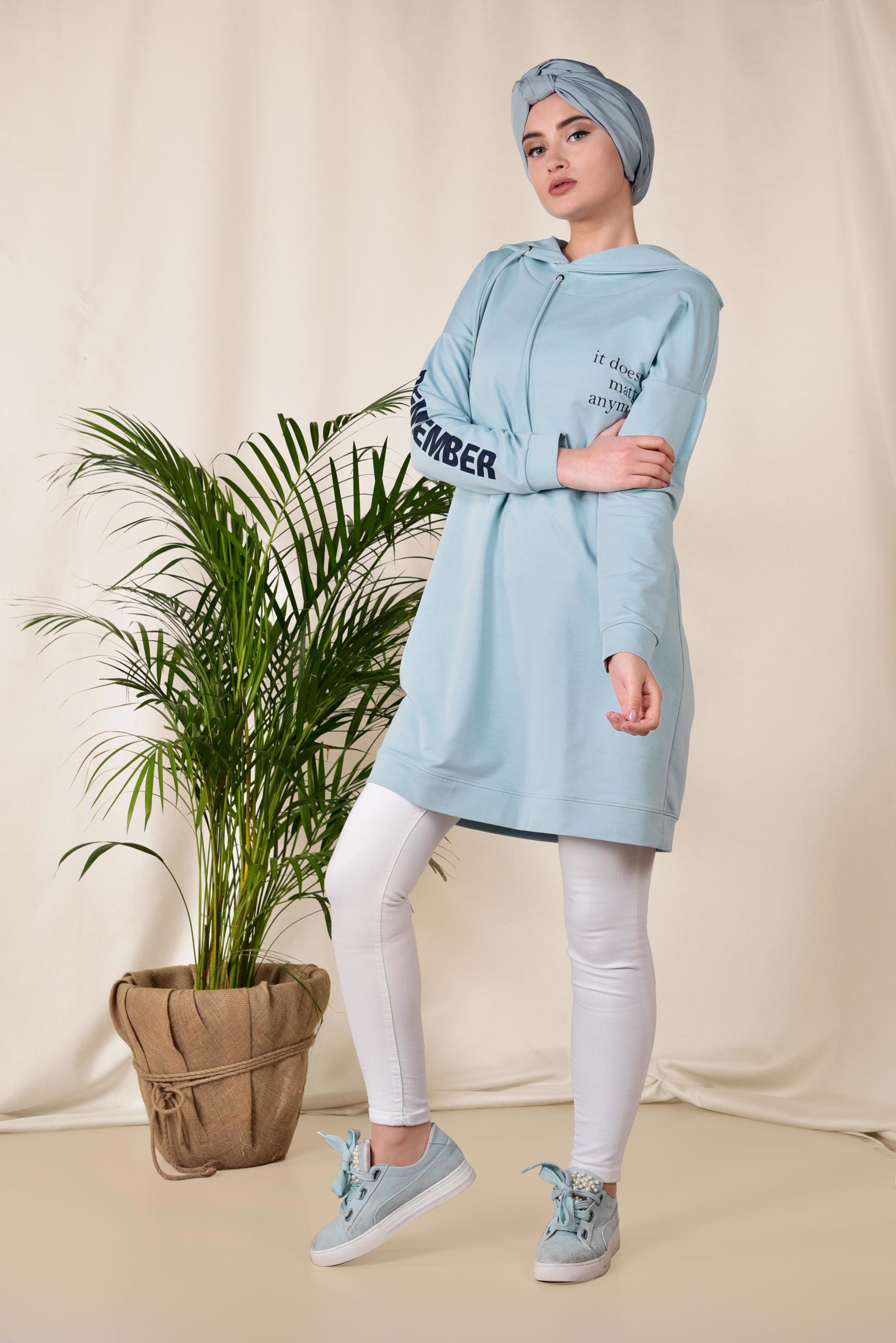 Tesettür giyim MAVİ KAPÜŞONLU EŞOFMAN TUNİK 4953