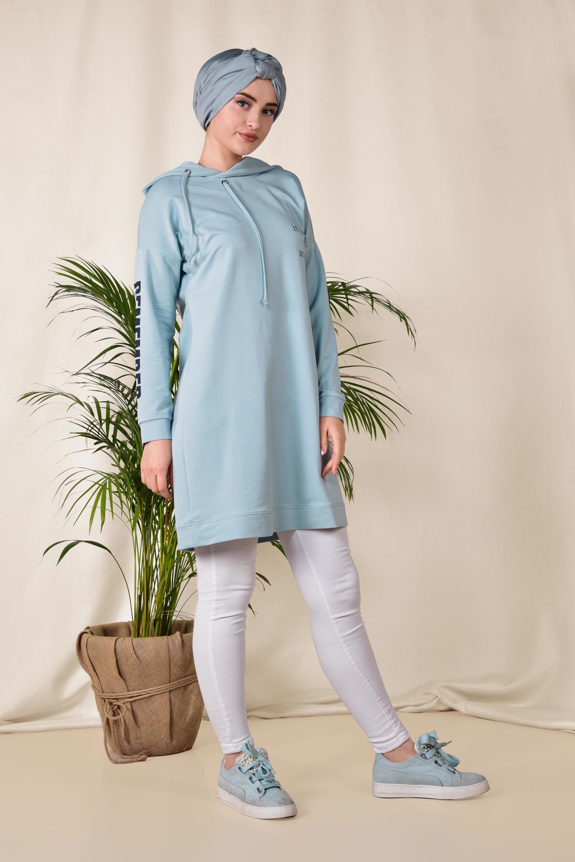 Tesettür giyim MAVİ KAPÜŞONLU EŞOFMAN TUNİK 4953