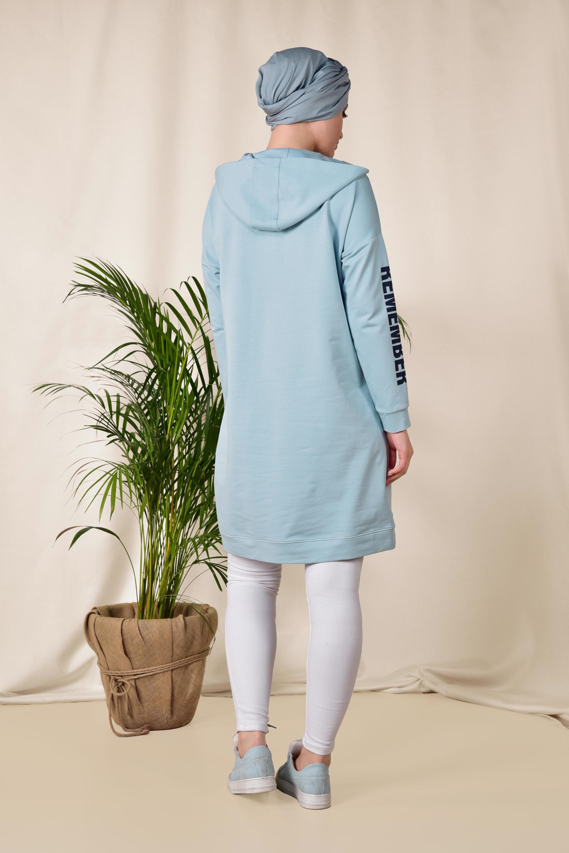 Tesettür giyim MAVİ KAPÜŞONLU EŞOFMAN TUNİK 4953