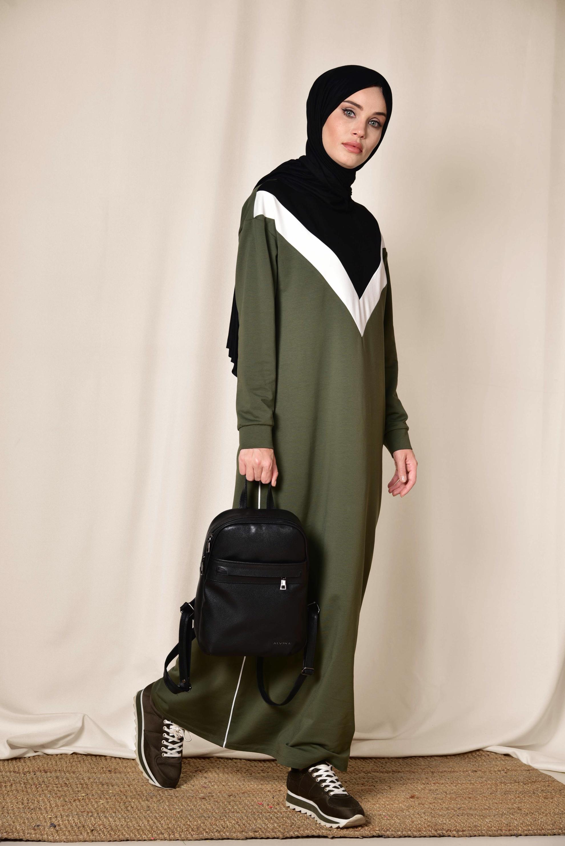 Tesettür giyim HAKİ ÇİZGİLİ EŞOFMAN ELBİSE 4954