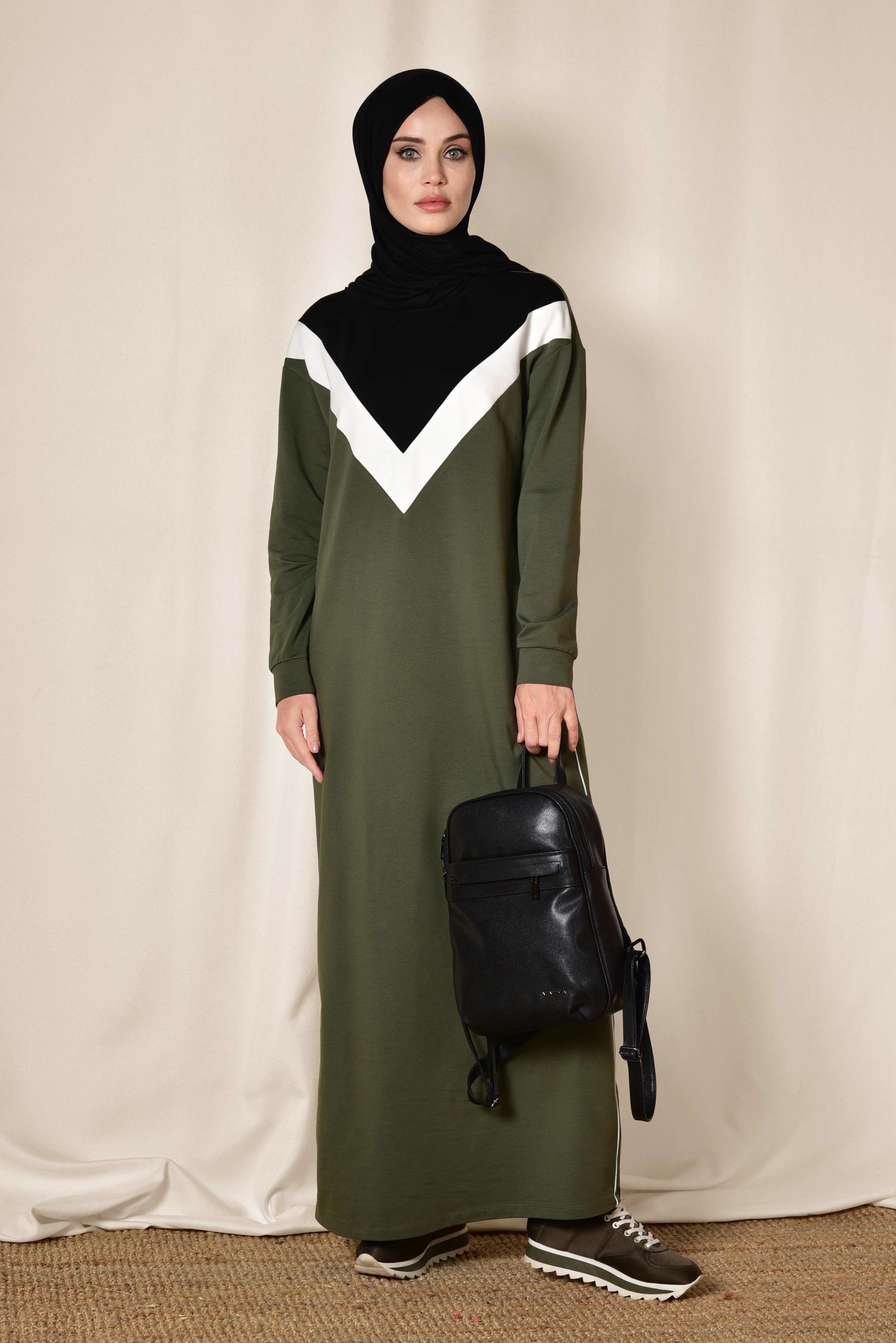 Tesettür giyim HAKİ ÇİZGİLİ EŞOFMAN ELBİSE 4954