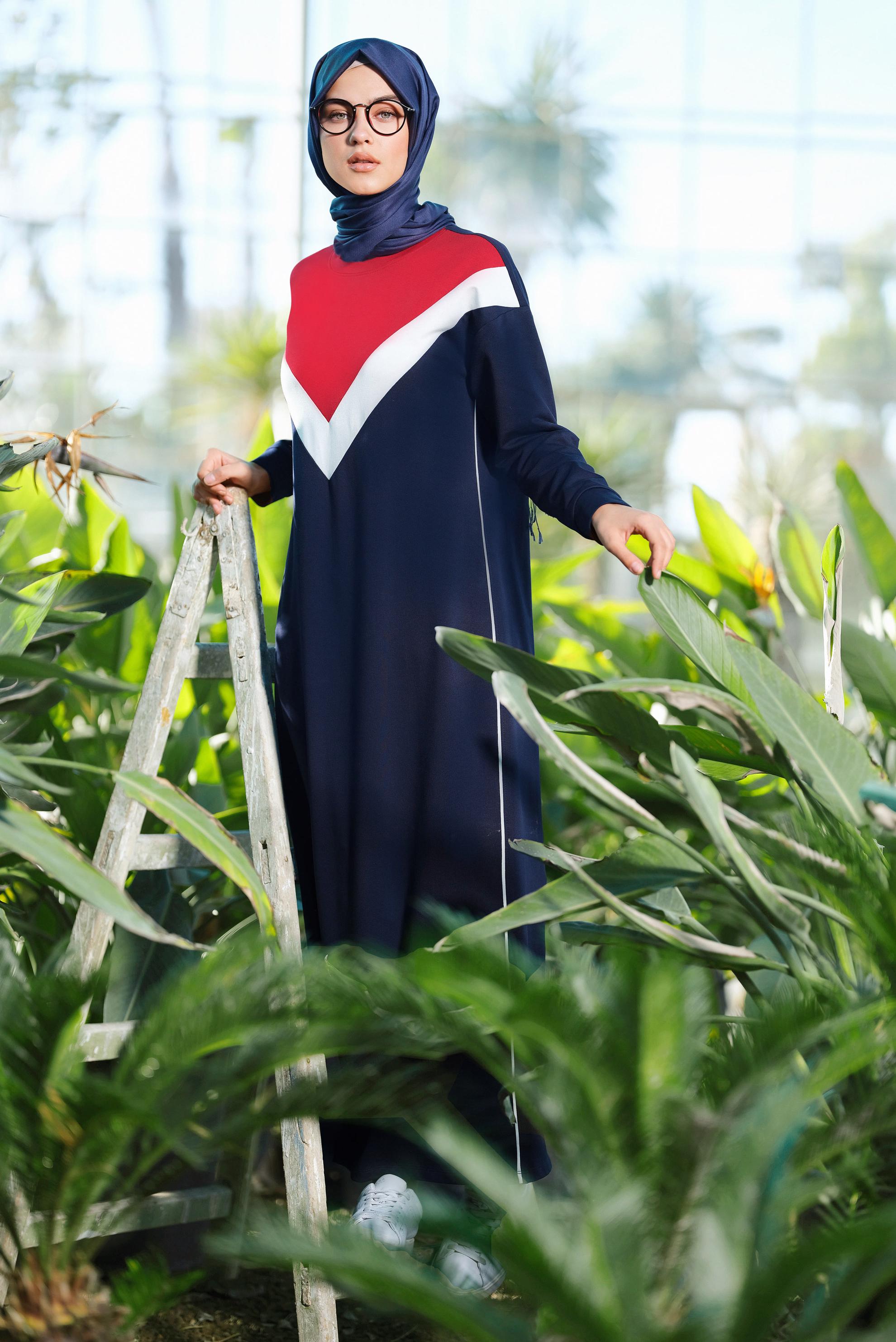 Hijab clothing NAVY BLUE Striped Tracksuit Dress 4954 