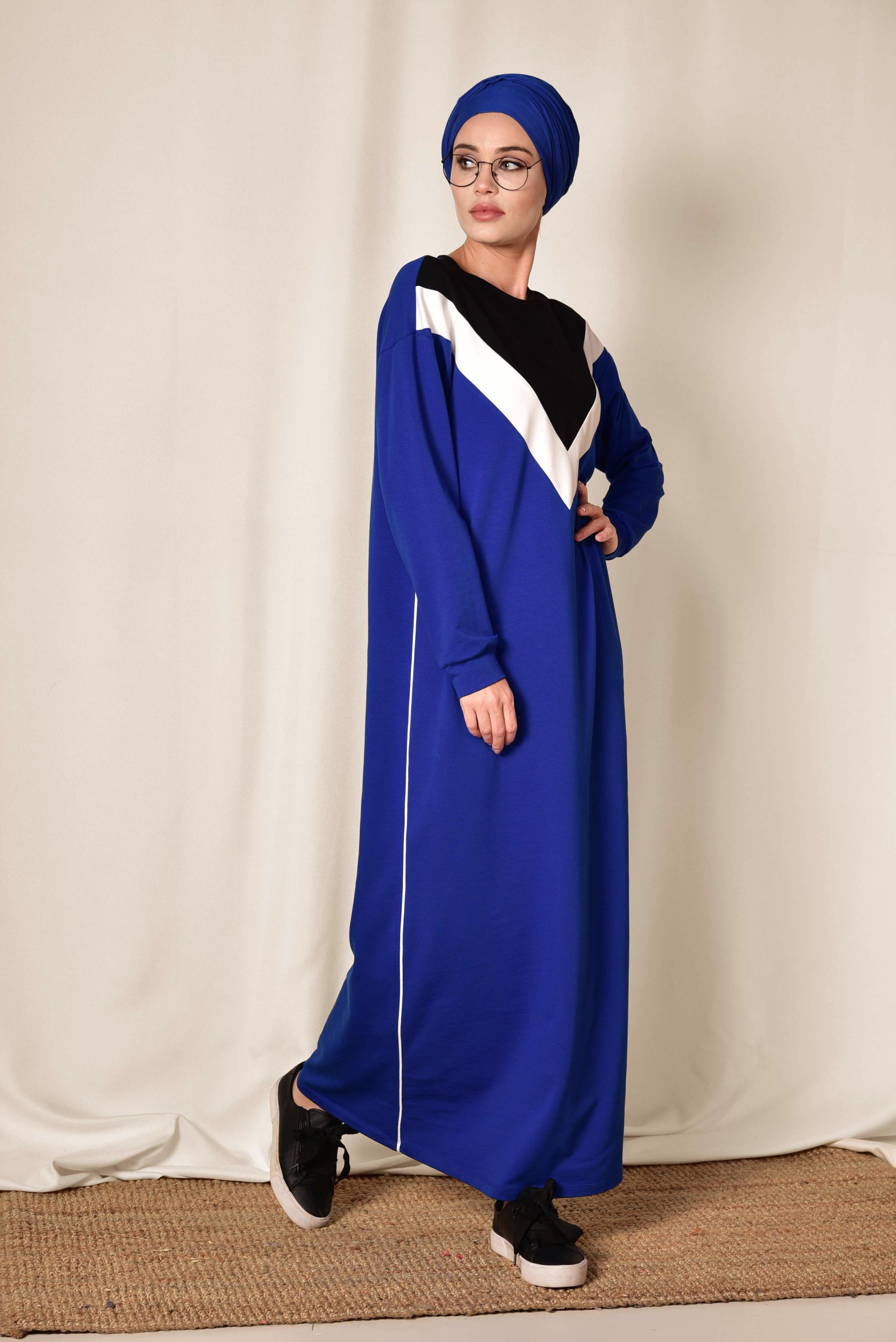 Tesettür giyim LACİVERT ÇİZGİLİ EŞOFMAN ELBİSE 4954