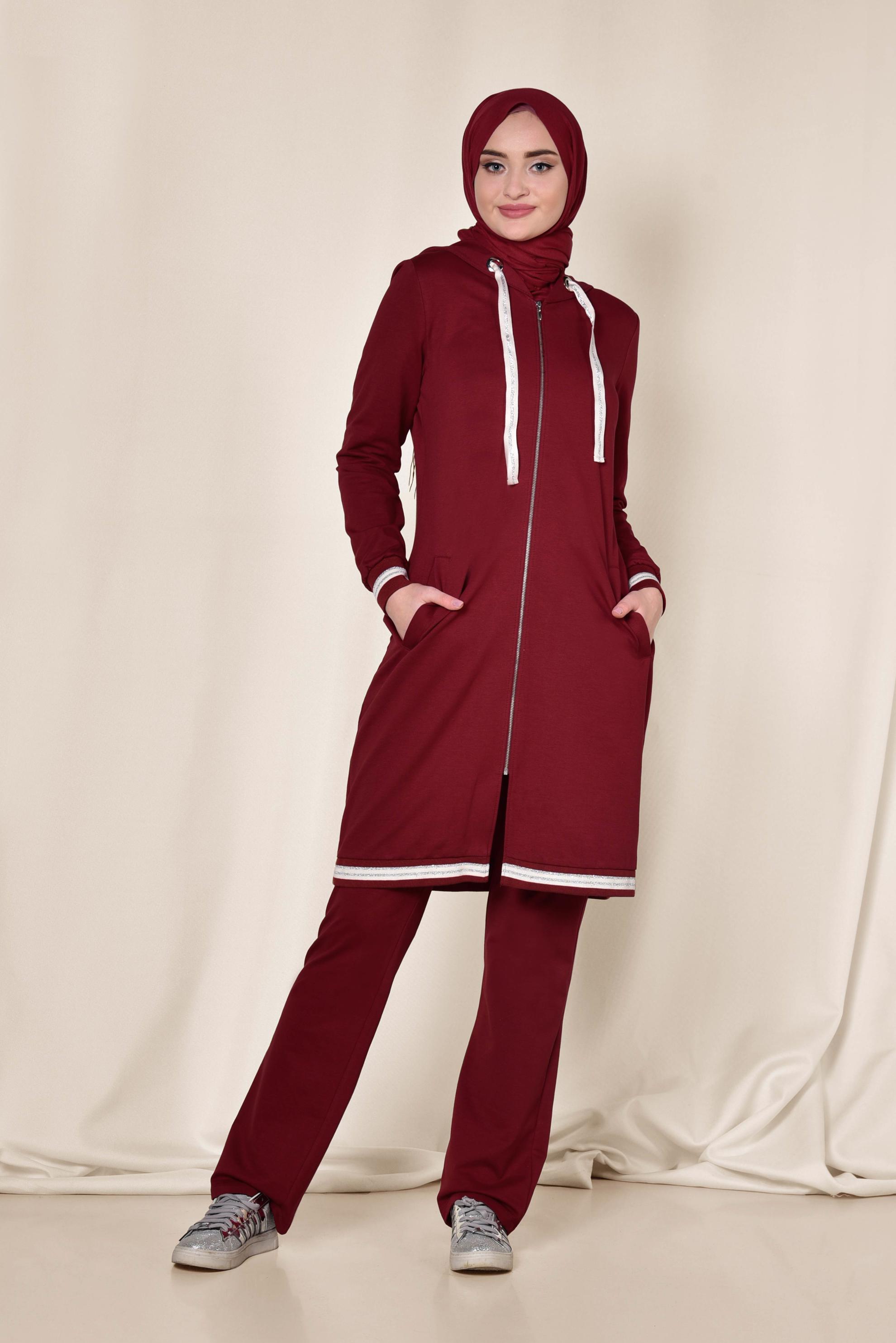 Tesettür giyim BORDO SİM DETAYLI İKİLİ PANTOLONLU EŞOFMAN TAKIMI 4957
