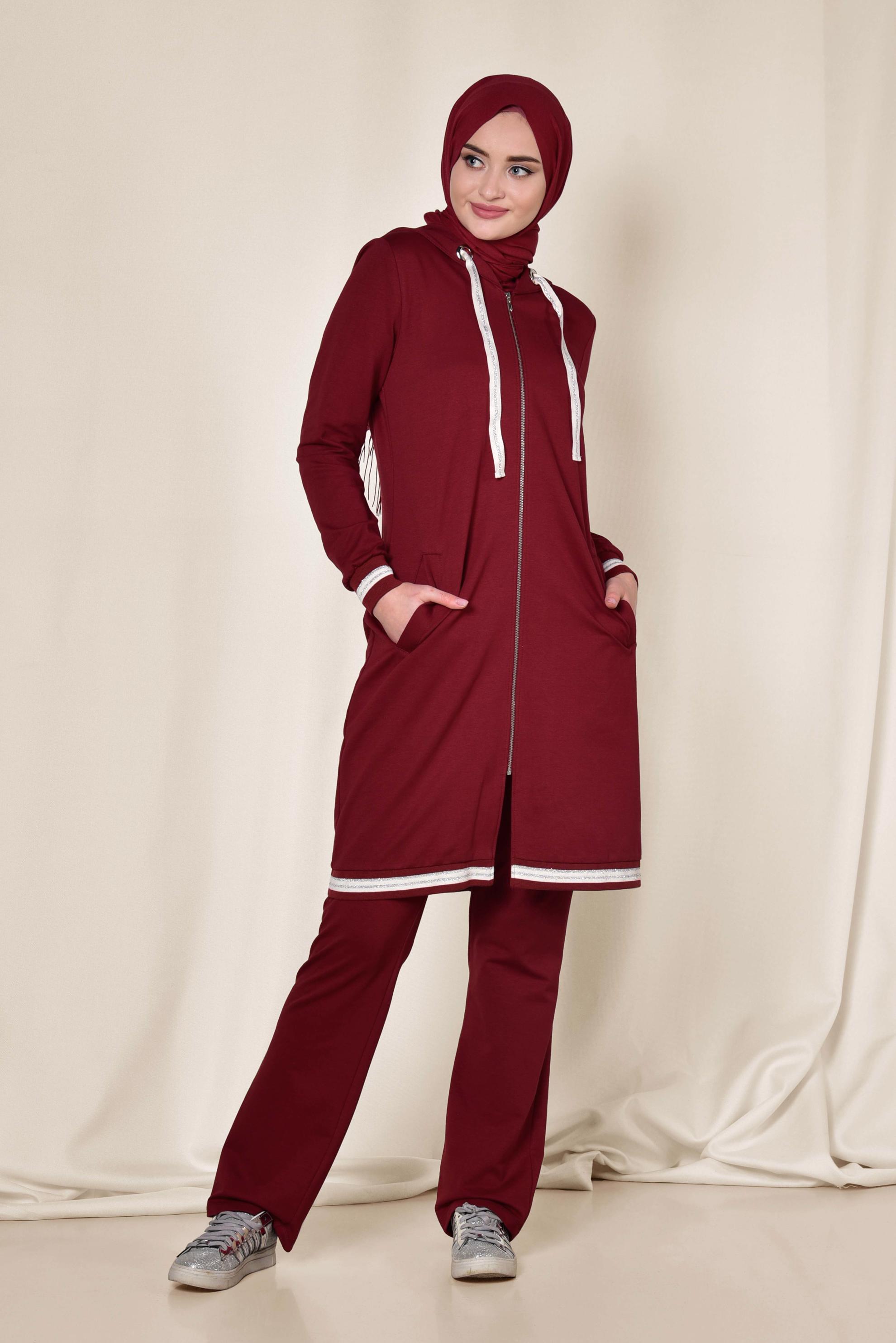 Tesettür giyim BORDO SİM DETAYLI İKİLİ PANTOLONLU EŞOFMAN TAKIMI 4957