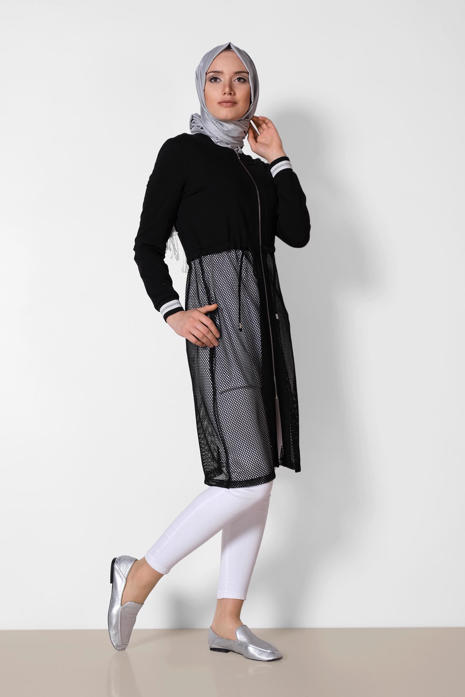 Tesettür giyim SİYAH FİLE DETAYLI PAMUKLU EŞOFMAN TUNİK 4970