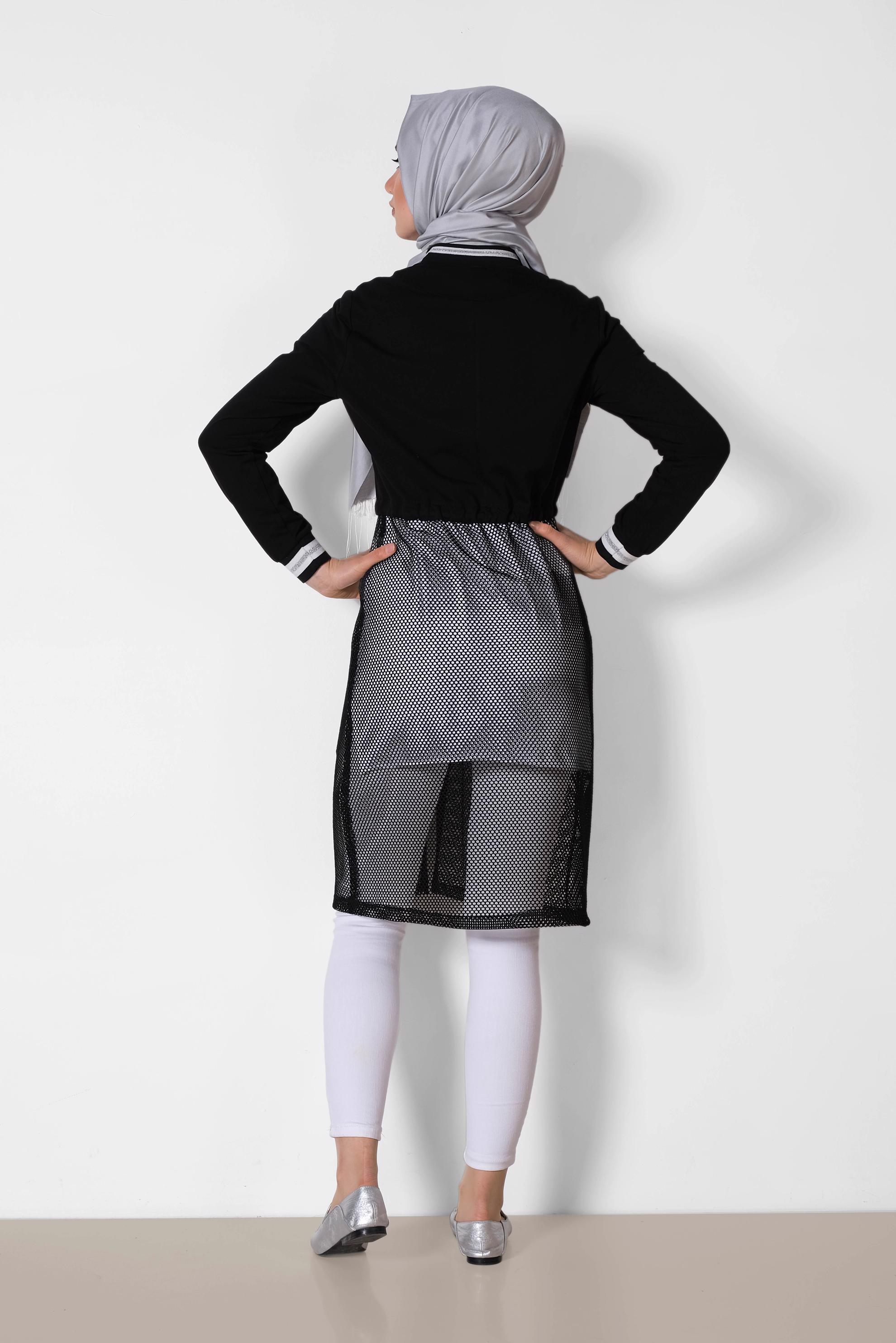 Tesettür giyim SİYAH FİLE DETAYLI PAMUKLU EŞOFMAN TUNİK 4970