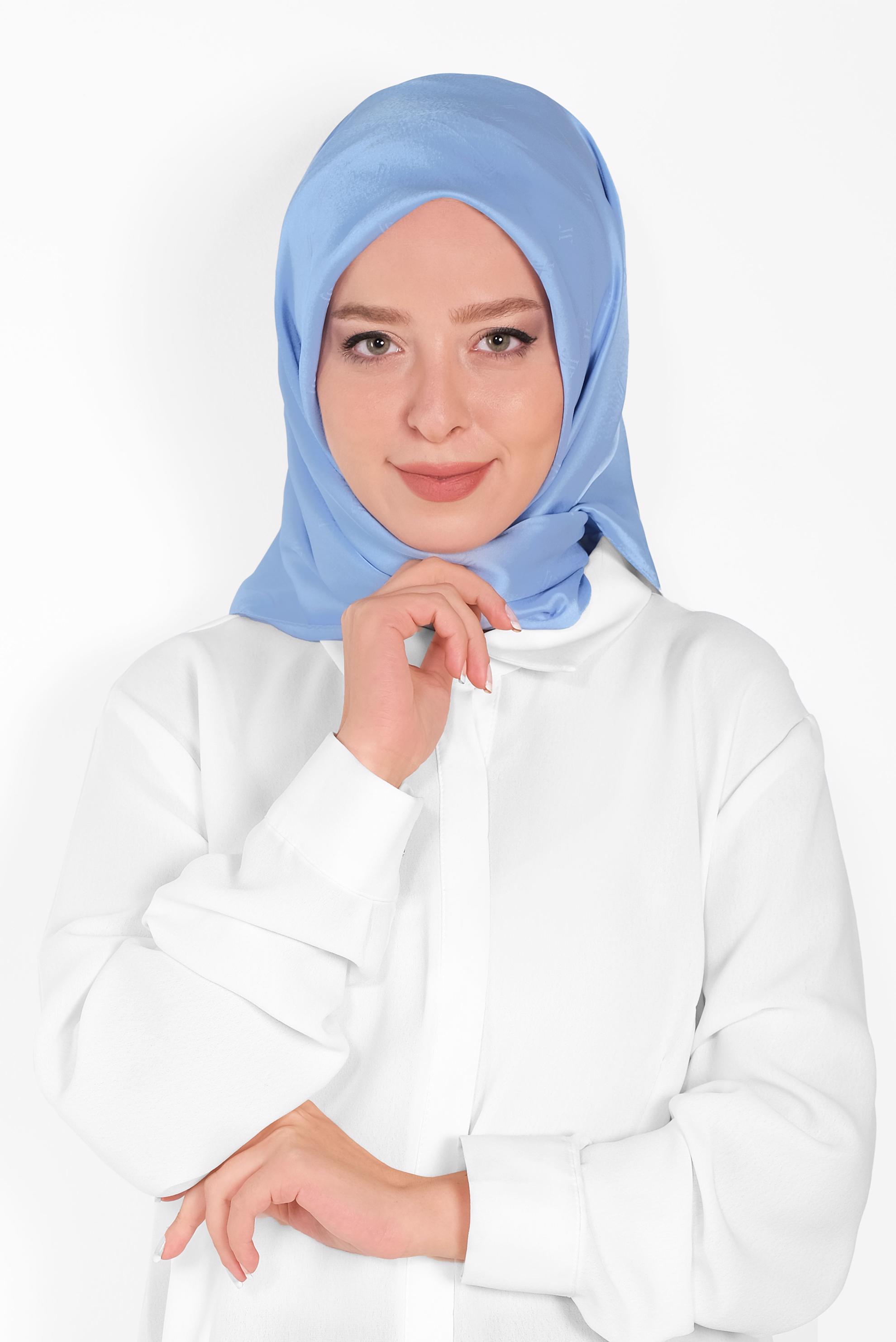 Tesettür giyim MAVİ 9960 ALVİNA LOGOLU İPEKSİ EŞARP