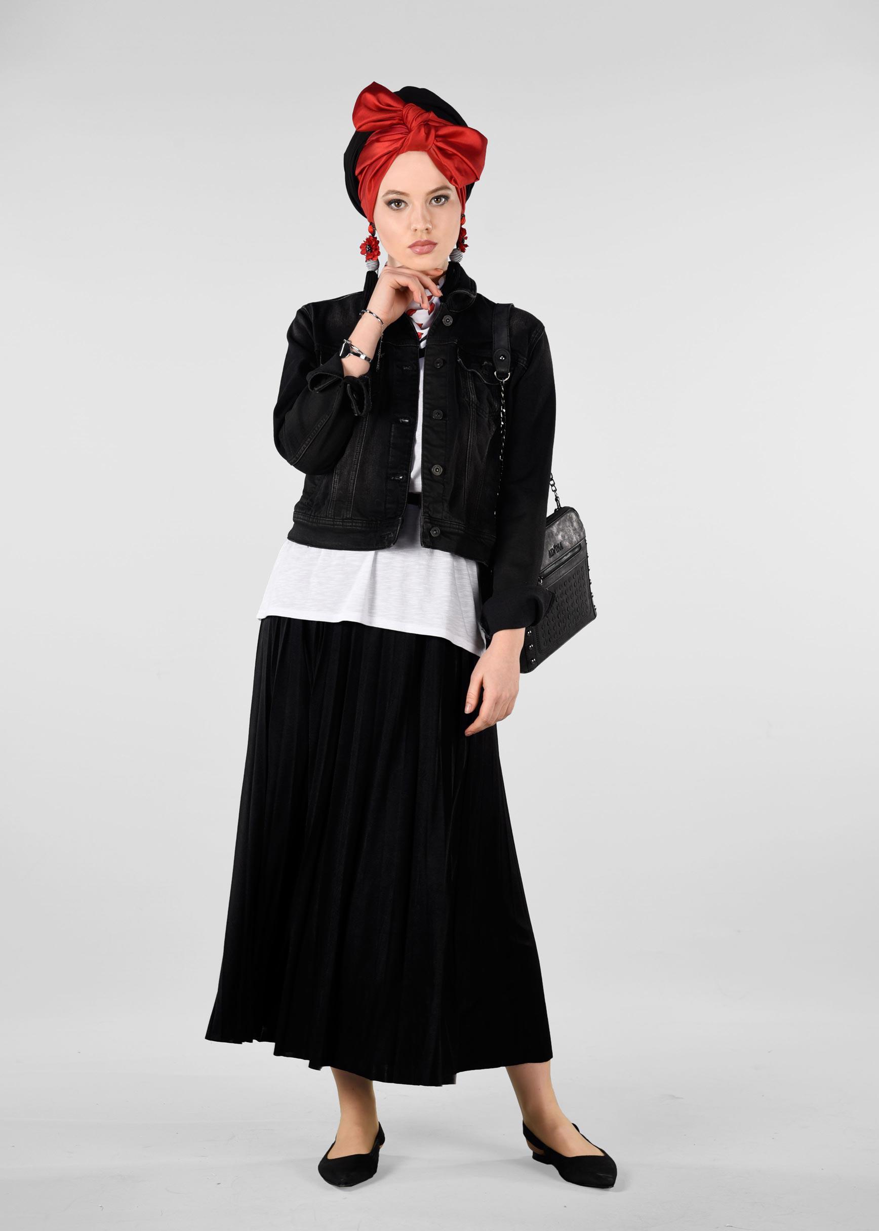 Tesettür giyim SİYAH BELİ LASTİKLİ PİLİSELİ ETEK 6163