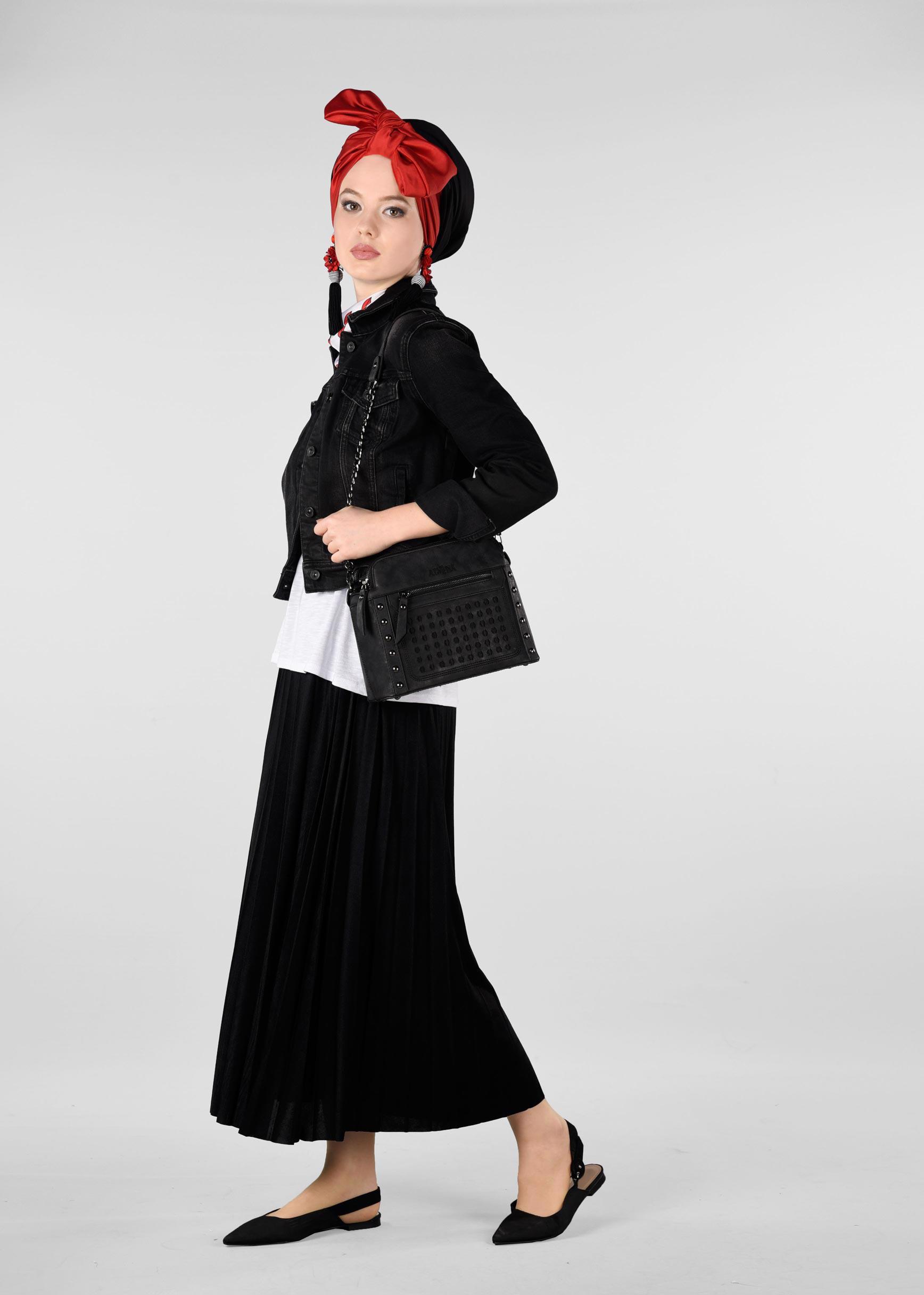 Tesettür giyim SİYAH BELİ LASTİKLİ PİLİSELİ ETEK 6163