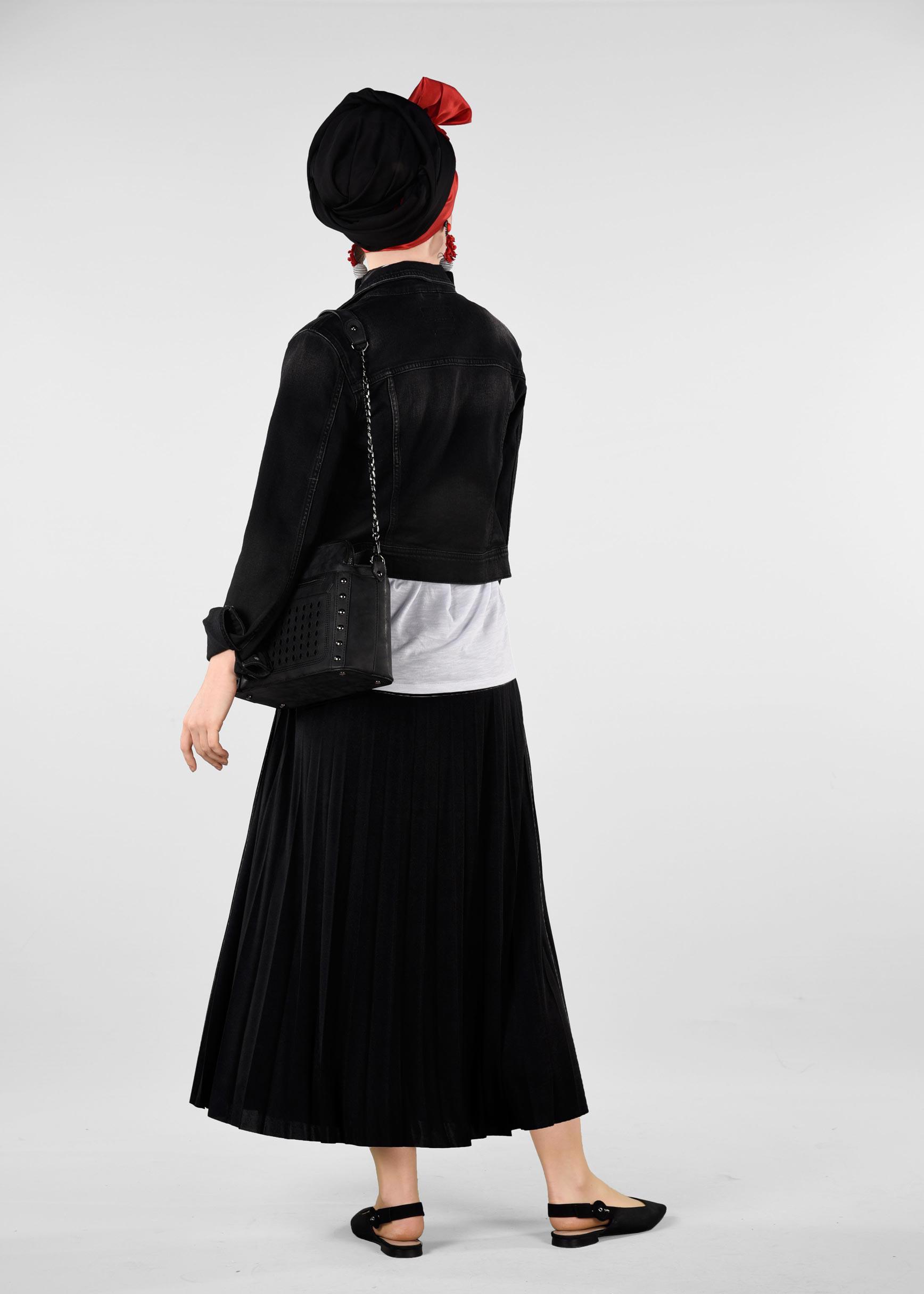 Tesettür giyim SİYAH BELİ LASTİKLİ PİLİSELİ ETEK 6163