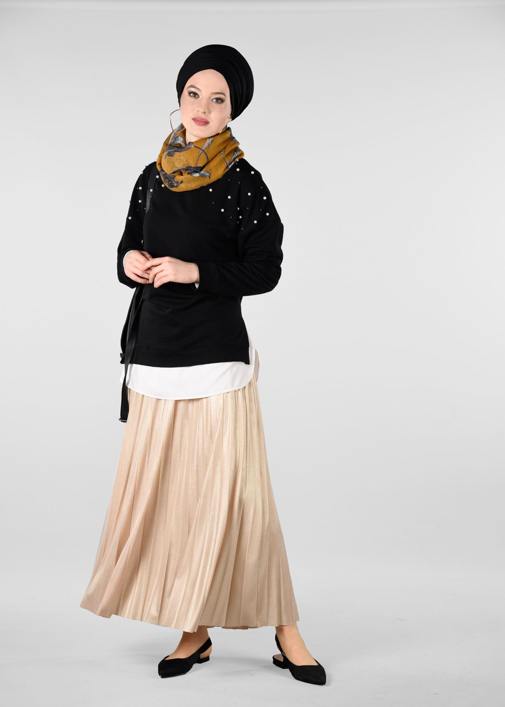 Tesettür giyim BEJ BELİ LASTİKLİ PİLİSELİ ETEK 6163