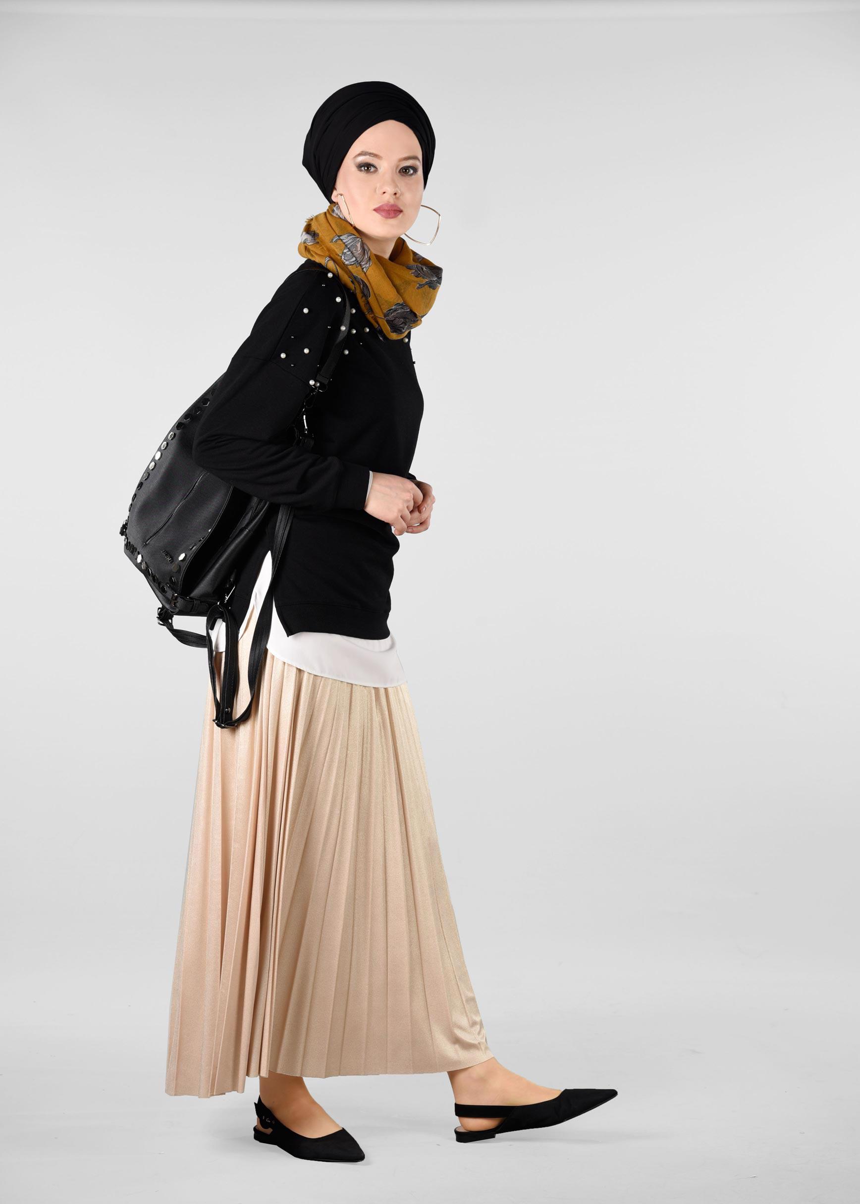 Tesettür giyim BEJ BELİ LASTİKLİ PİLİSELİ ETEK 6163